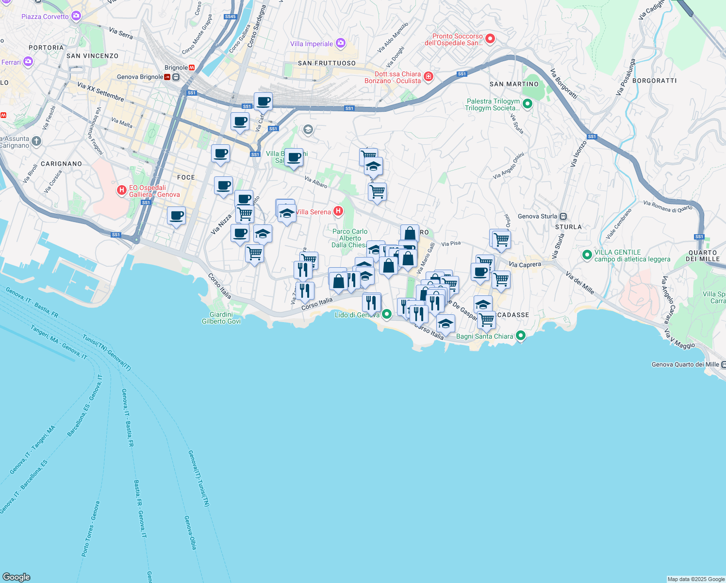 map of restaurants, bars, coffee shops, grocery stores, and more near 28 Corso Italia in Genoa
