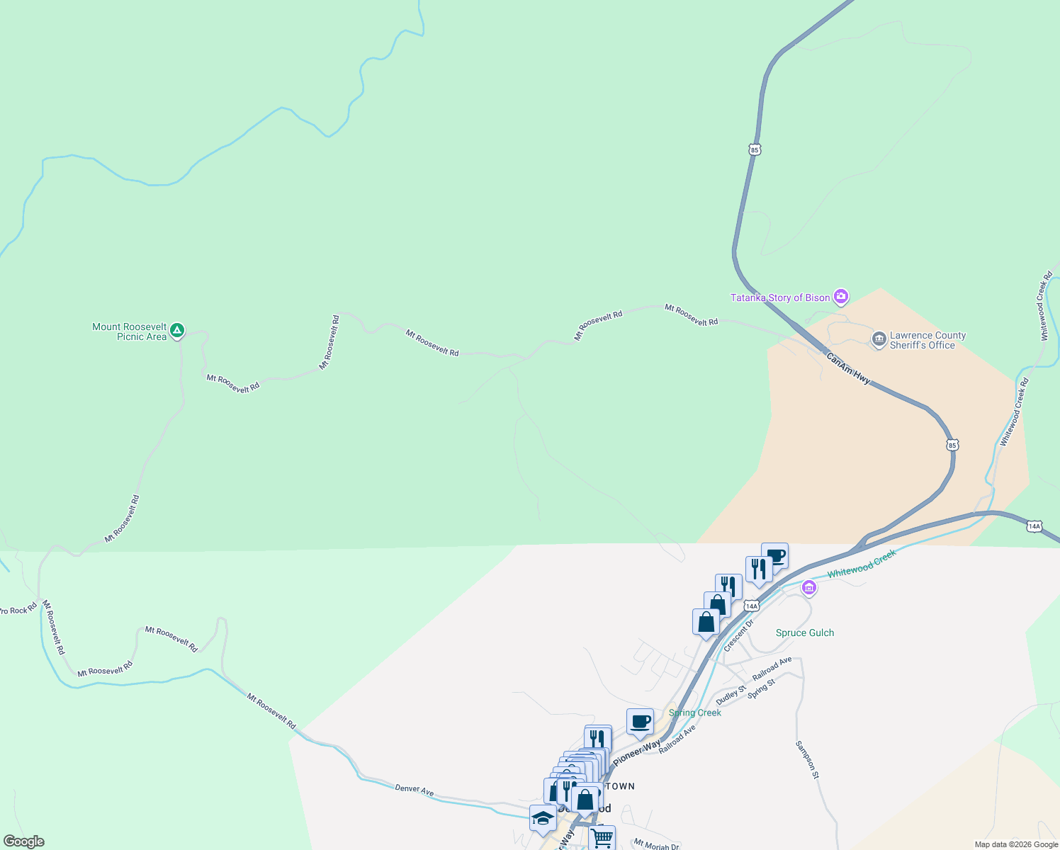 map of restaurants, bars, coffee shops, grocery stores, and more near 739 Stage Run Road in Deadwood