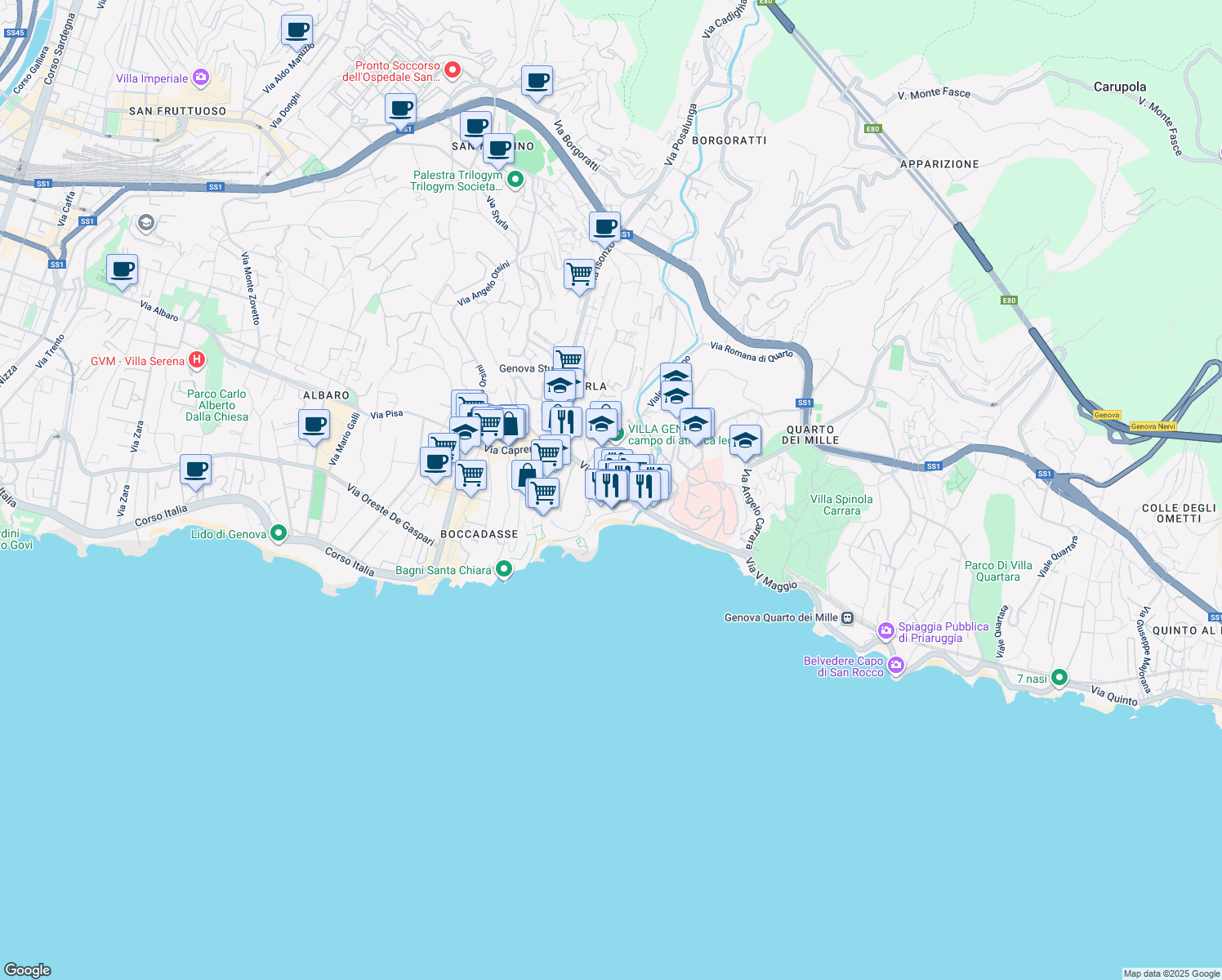 map of restaurants, bars, coffee shops, grocery stores, and more near 49 Via dei Mille in Genoa