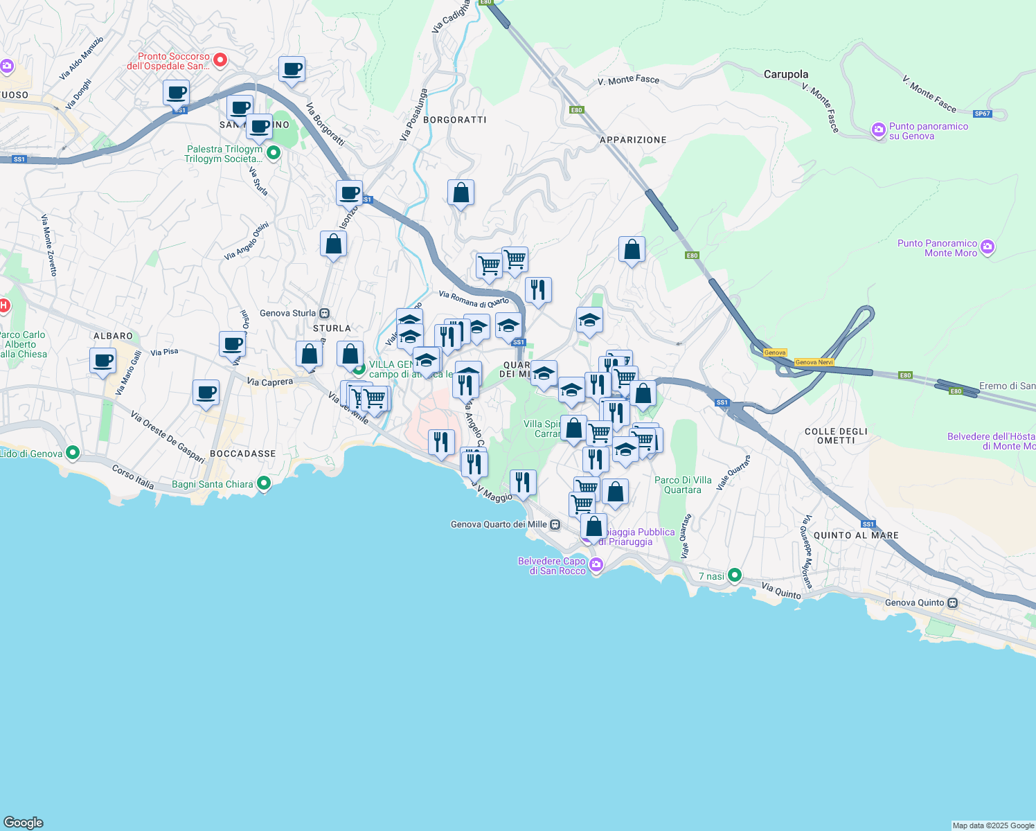 map of restaurants, bars, coffee shops, grocery stores, and more near Via Luigi Sartorio in Genoa