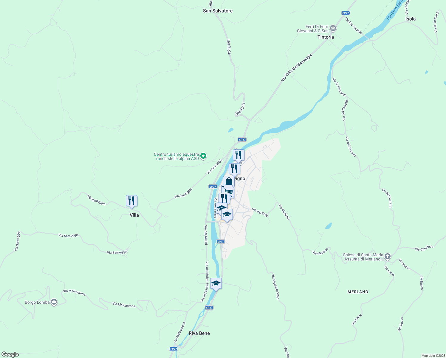 map of restaurants, bars, coffee shops, grocery stores, and more near 136 A Via dei Mulini in Savigno