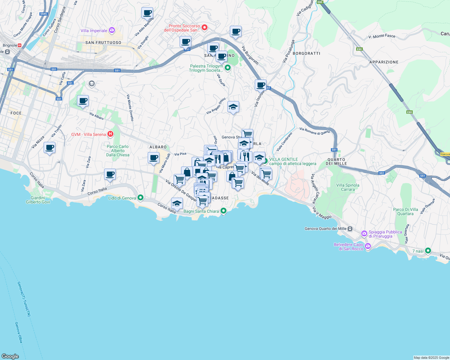 map of restaurants, bars, coffee shops, grocery stores, and more near 21 Via Caprera in Genoa