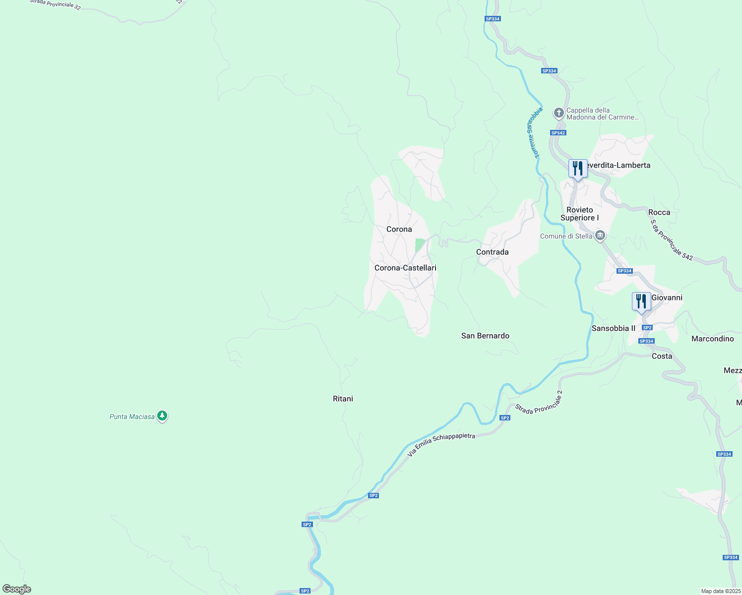 map of restaurants, bars, coffee shops, grocery stores, and more near 35 Via Boristene in Corona-castellari
