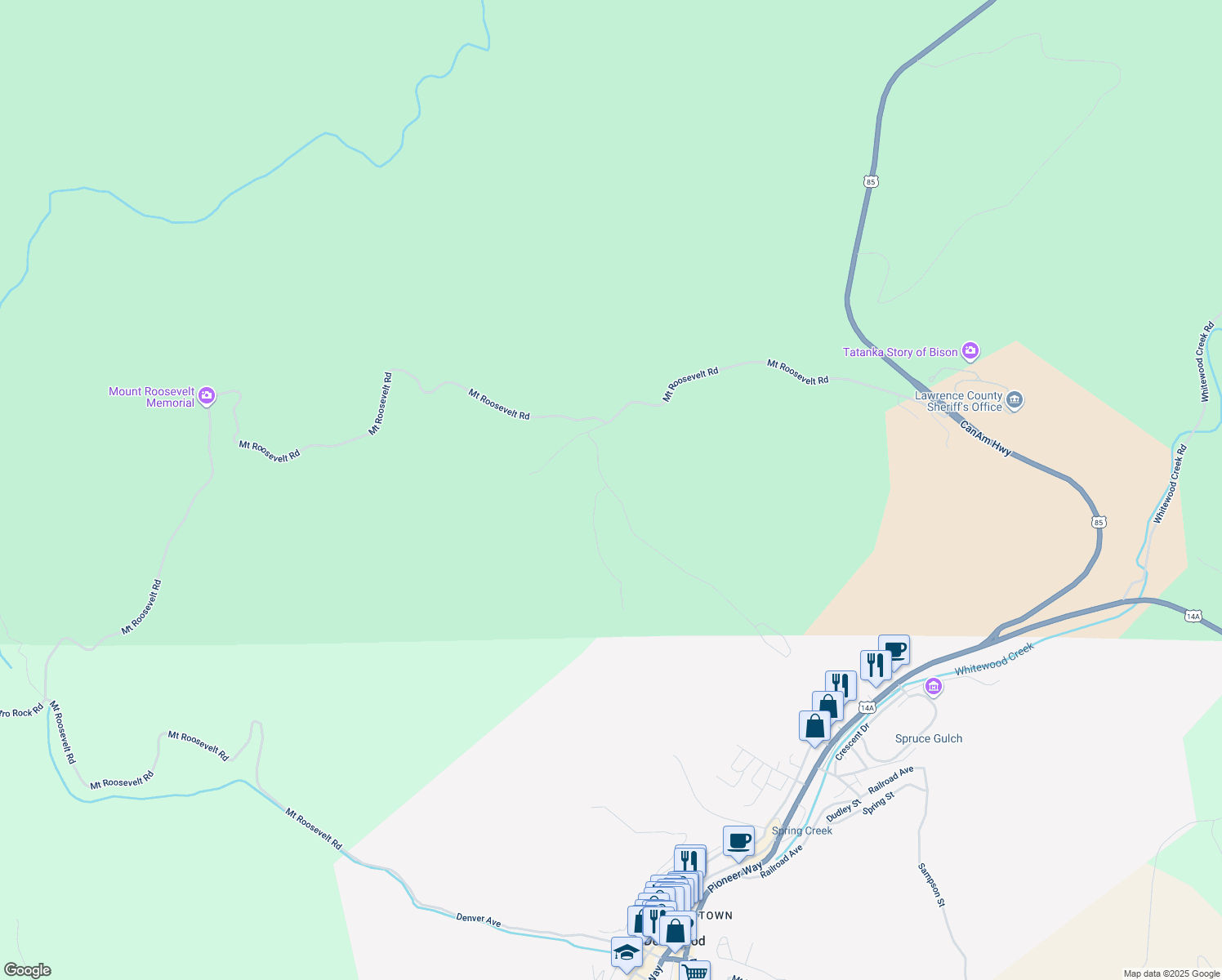 map of restaurants, bars, coffee shops, grocery stores, and more near 754 Stage Run Road in Deadwood