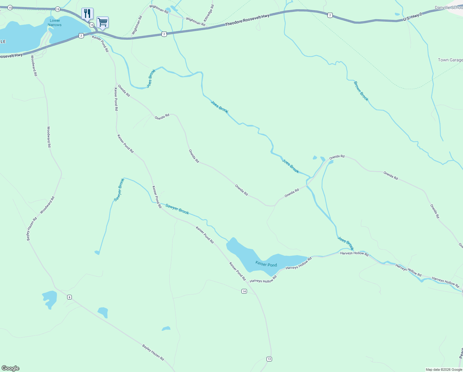 map of restaurants, bars, coffee shops, grocery stores, and more near 2155 Oneida Road in Danville