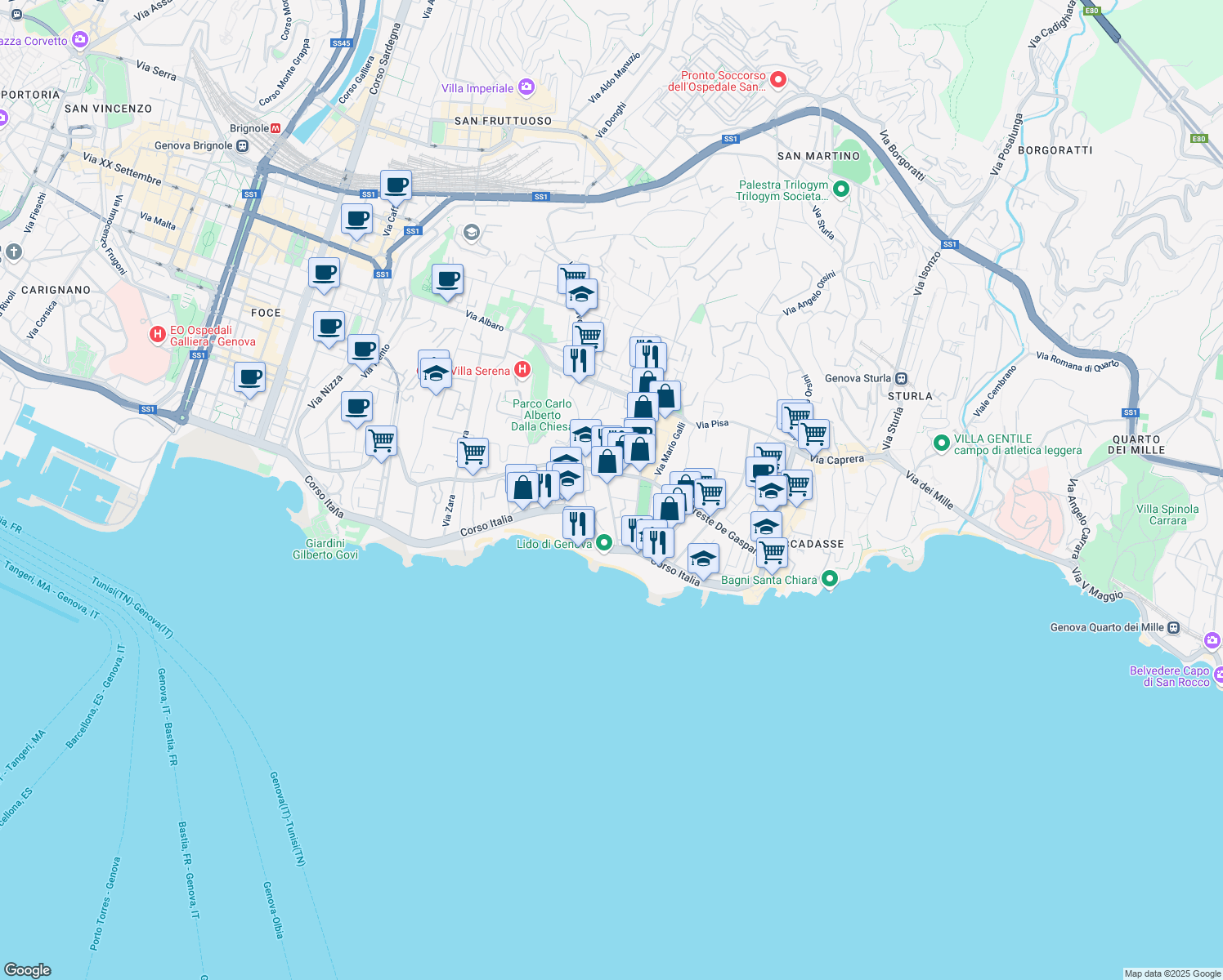 map of restaurants, bars, coffee shops, grocery stores, and more near 13 Via Giovanni Bovio in Genoa