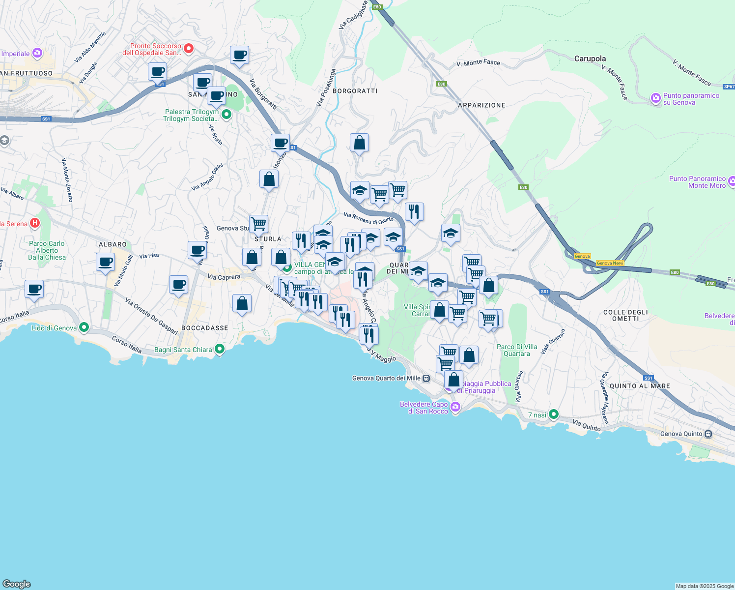 map of restaurants, bars, coffee shops, grocery stores, and more near 226 Via Angelo Carrara in Genoa