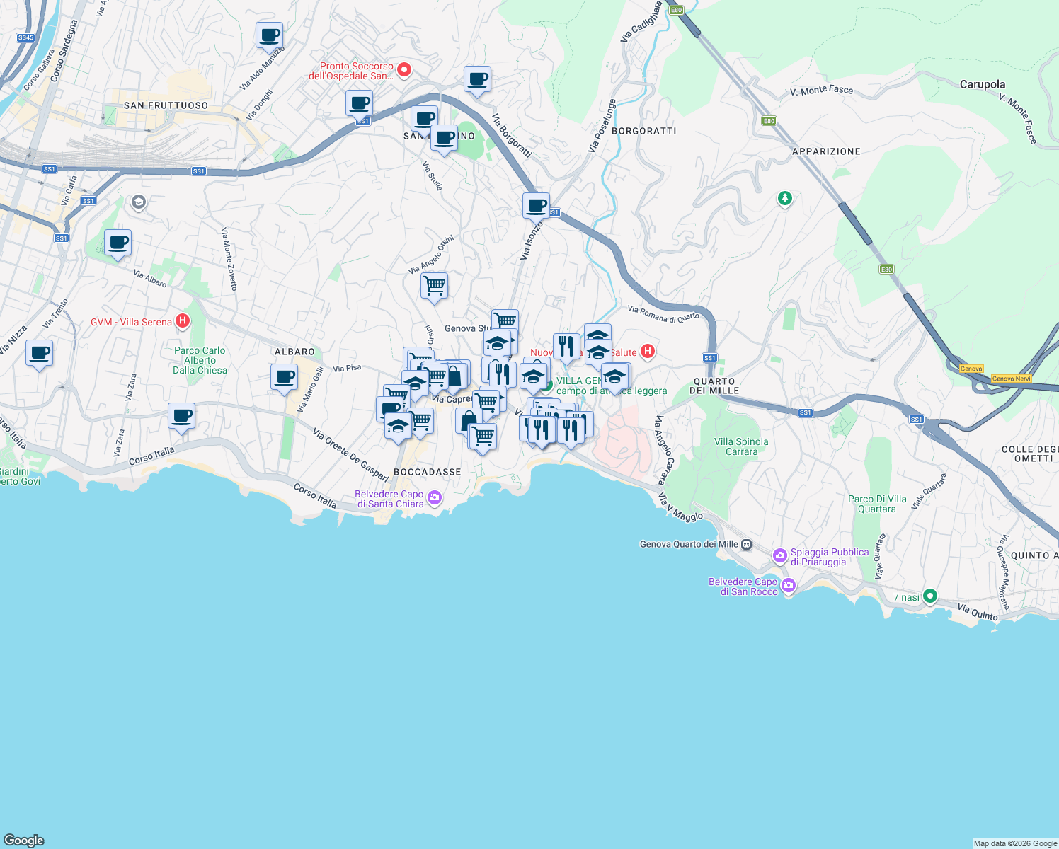 map of restaurants, bars, coffee shops, grocery stores, and more near 14 Via dei Mille in Genoa