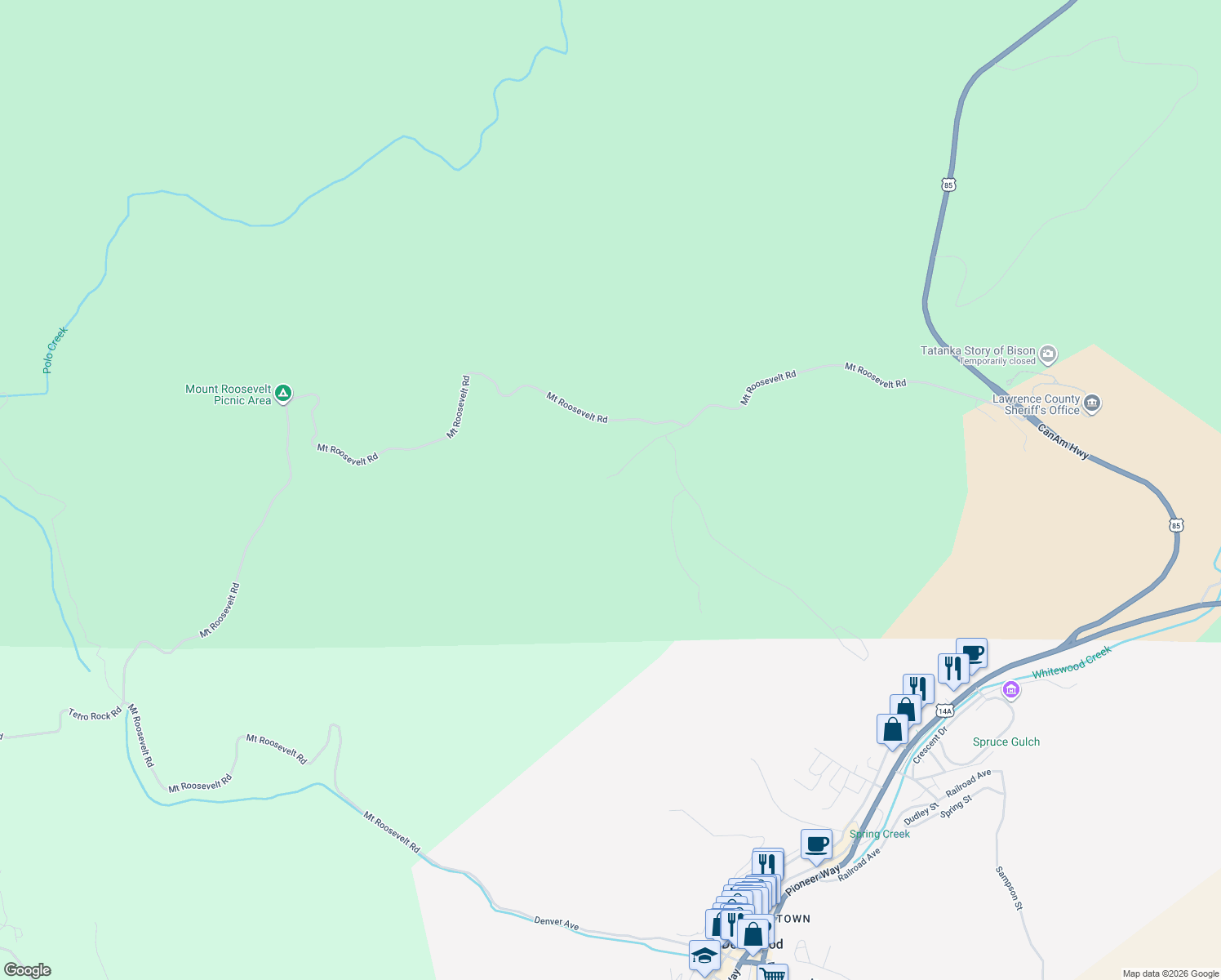 map of restaurants, bars, coffee shops, grocery stores, and more near 11565 Moon Mountain Lane in Lead