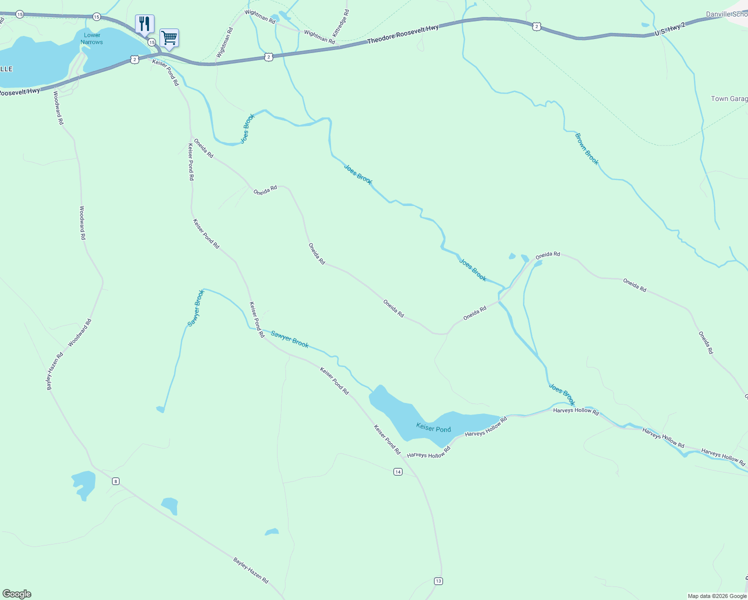 map of restaurants, bars, coffee shops, grocery stores, and more near 2155 Oneida Road in Danville