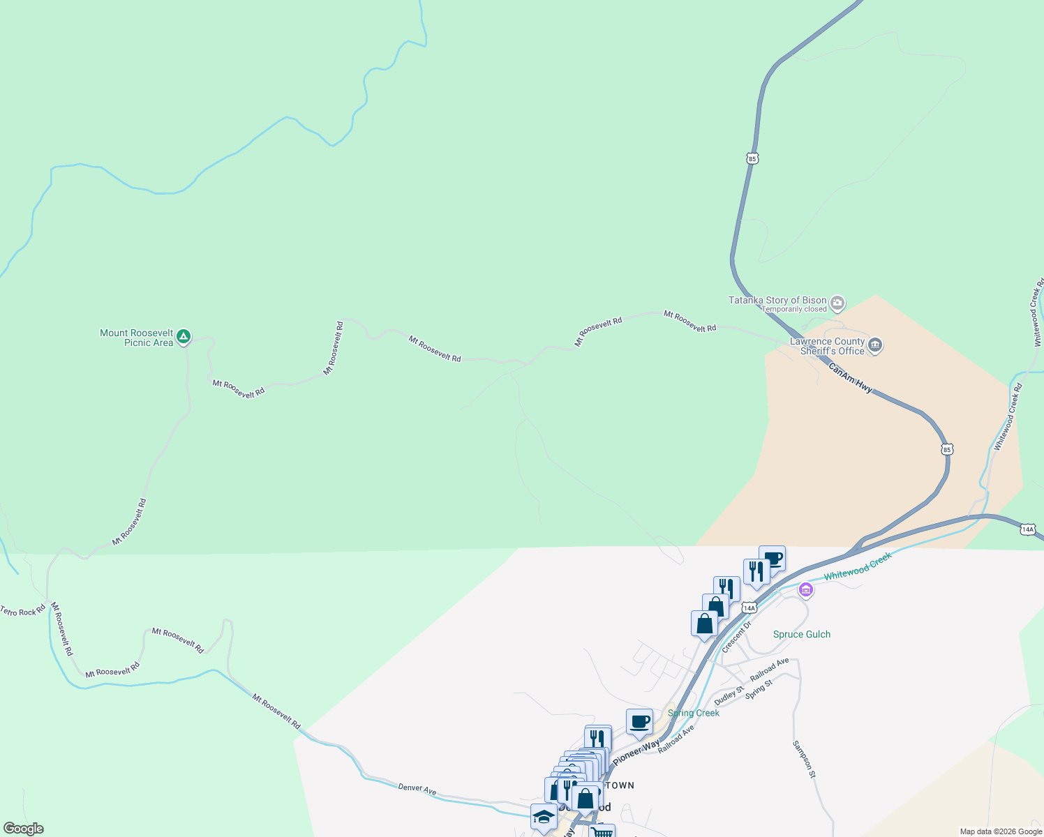 map of restaurants, bars, coffee shops, grocery stores, and more near 735 Stage Run in Deadwood