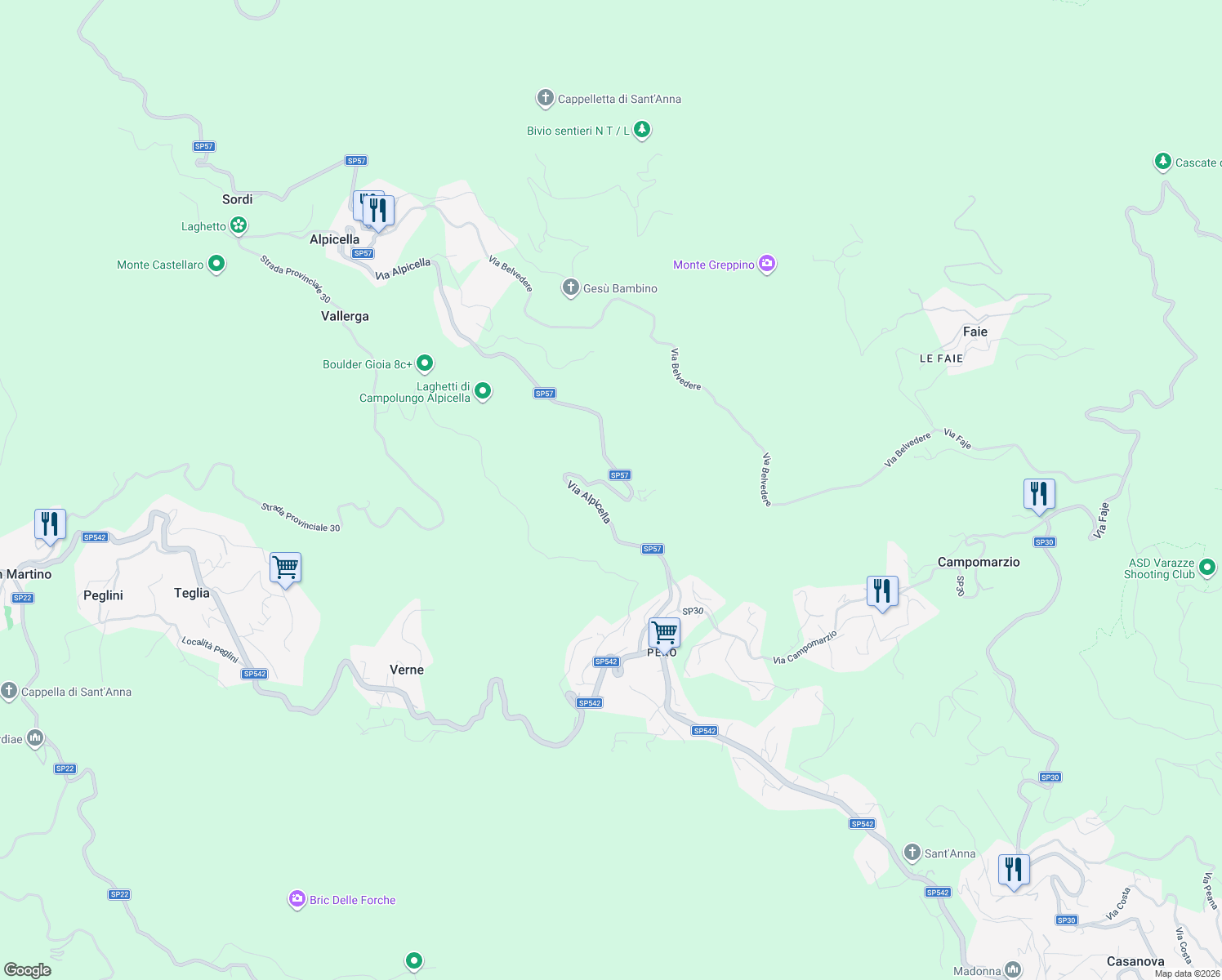 map of restaurants, bars, coffee shops, grocery stores, and more near 8 SP57 in Provincia di Savona