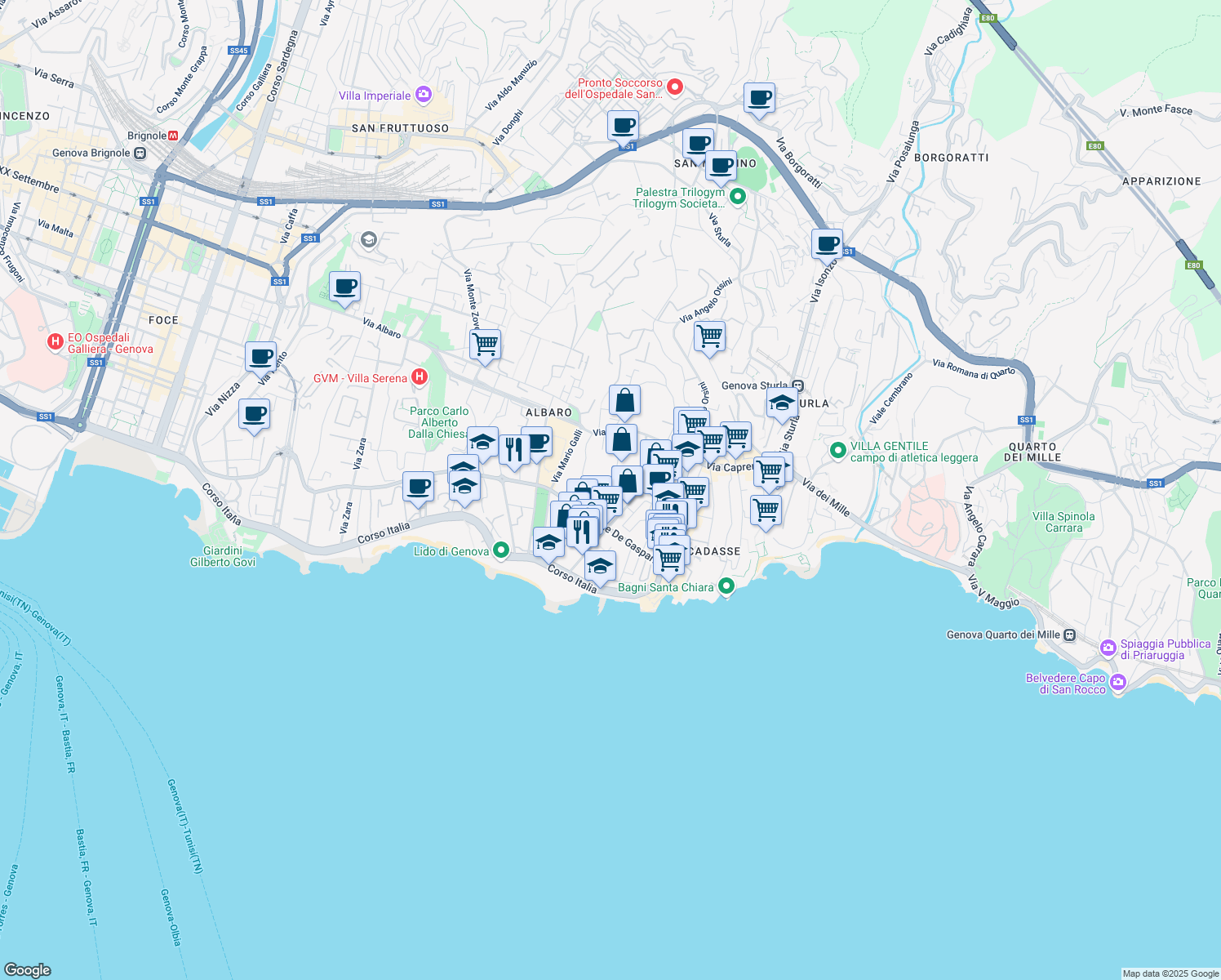 map of restaurants, bars, coffee shops, grocery stores, and more near 6 R Via Luigi Arnaldo Vassallo in Genova