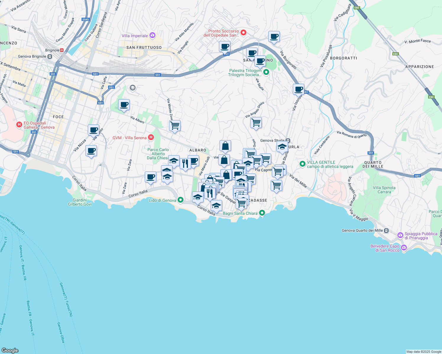map of restaurants, bars, coffee shops, grocery stores, and more near 6 R Via Luigi Arnaldo Vassallo in Genova