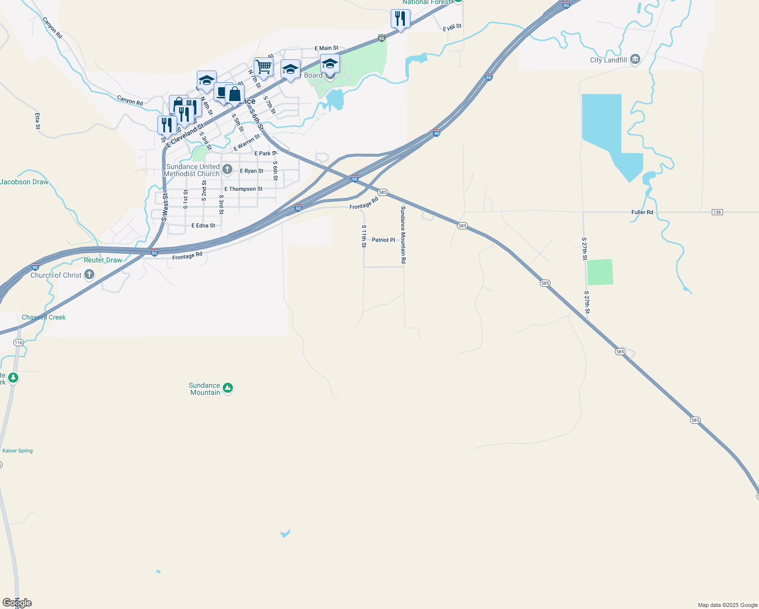 map of restaurants, bars, coffee shops, grocery stores, and more near South 11th Street in Sundance