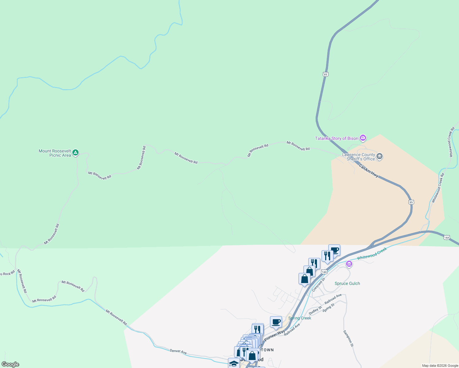 map of restaurants, bars, coffee shops, grocery stores, and more near 754 Stage Run Road in Deadwood