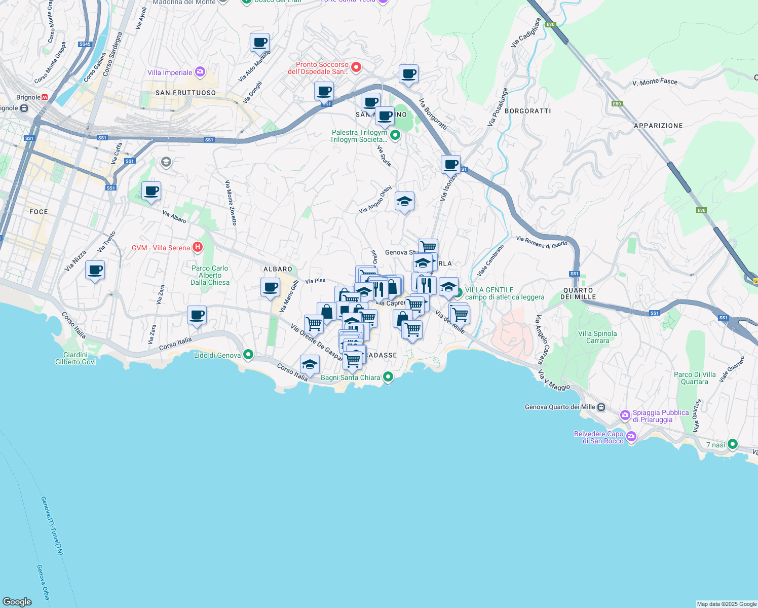 map of restaurants, bars, coffee shops, grocery stores, and more near 21 Via Caprera in Genova