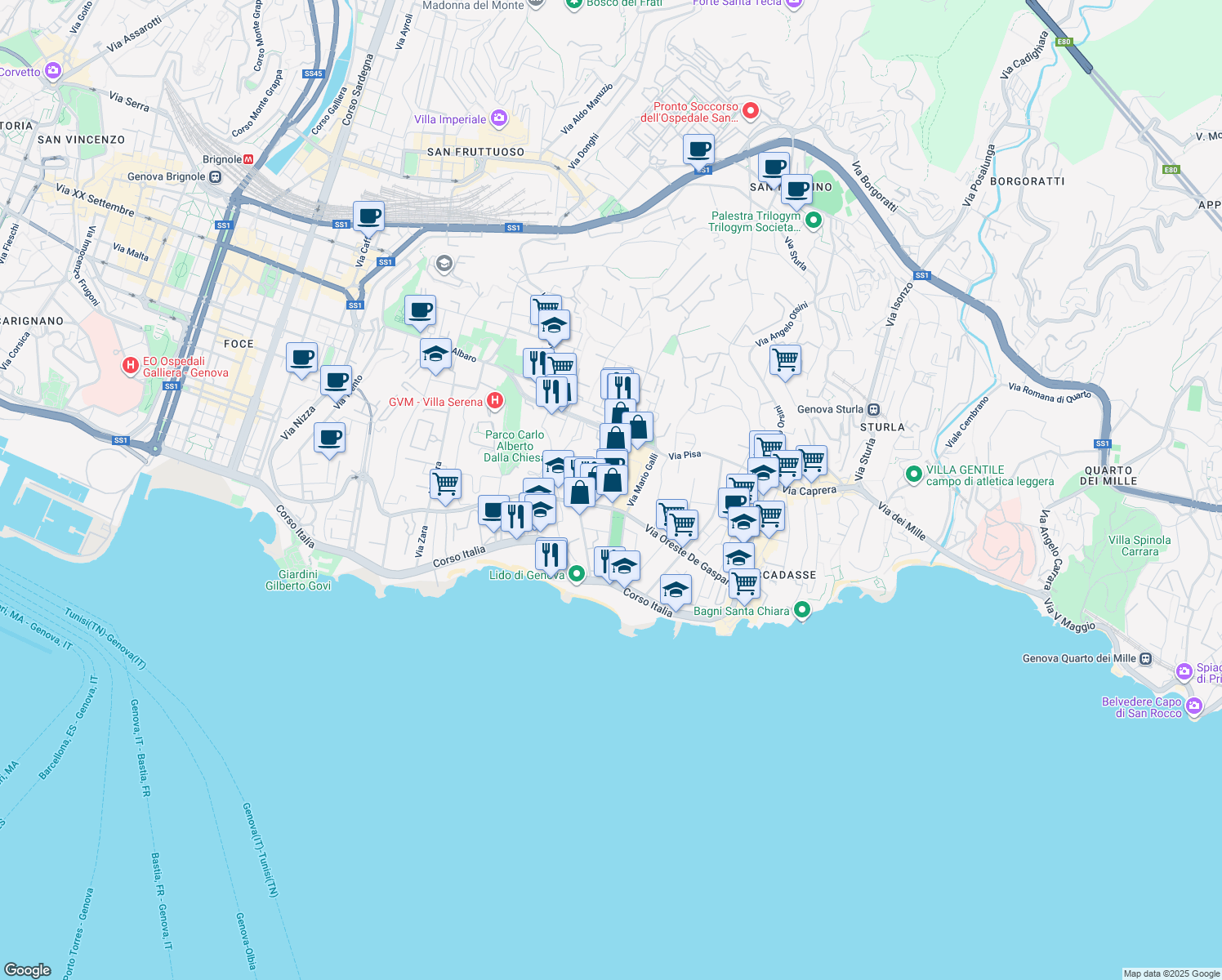 map of restaurants, bars, coffee shops, grocery stores, and more near 4 Via Emanuele Strasserra in Genoa