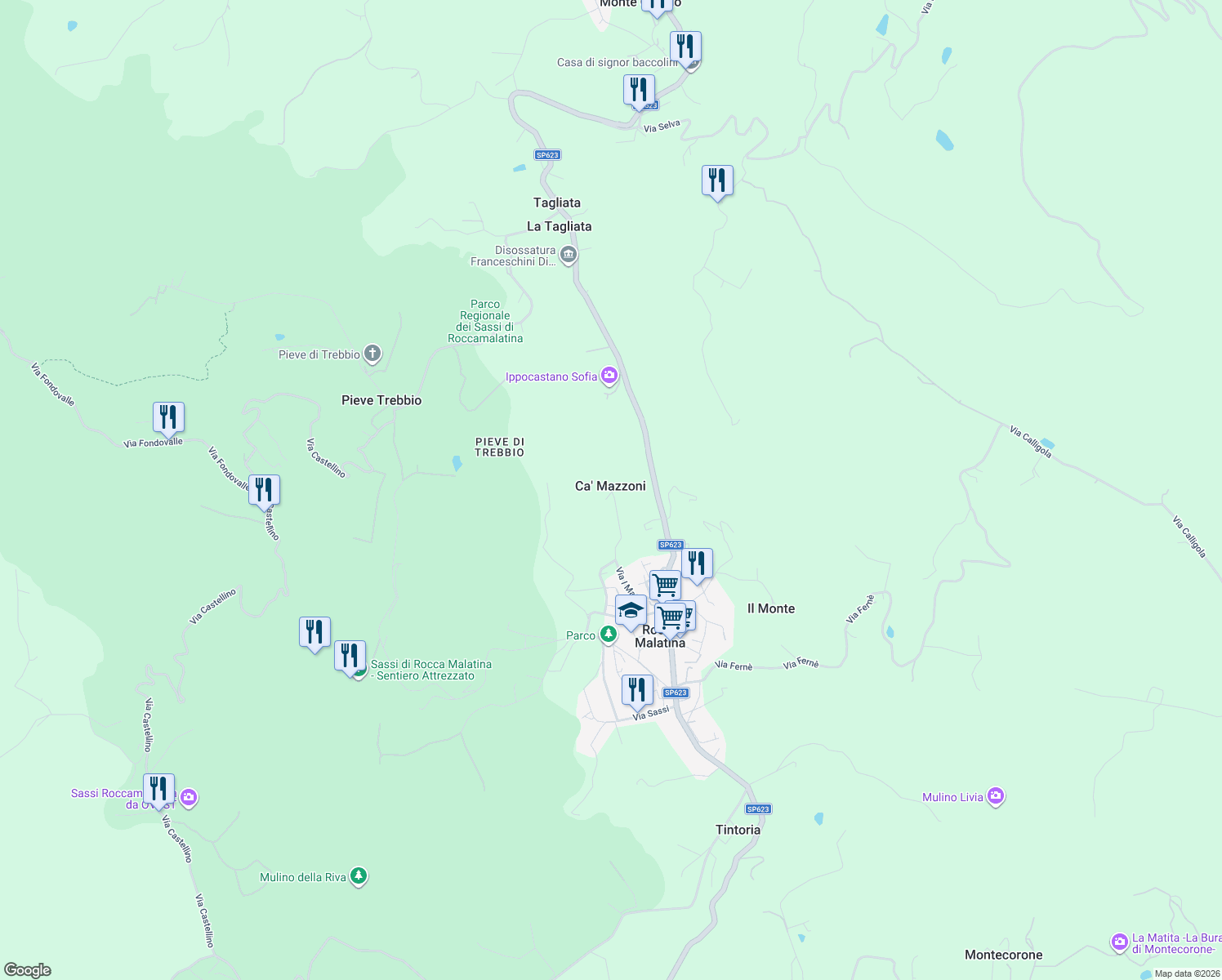 map of restaurants, bars, coffee shops, grocery stores, and more near 381 Via I Maggio in Ca' Mazzoni