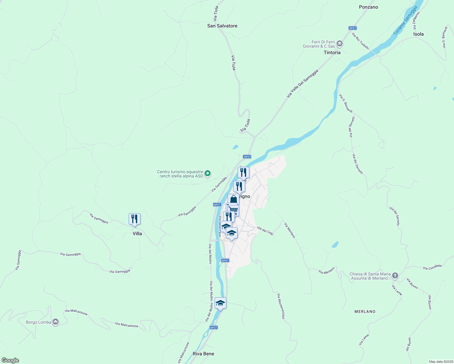 map of restaurants, bars, coffee shops, grocery stores, and more near 136 Via dei Mulini in Savigno
