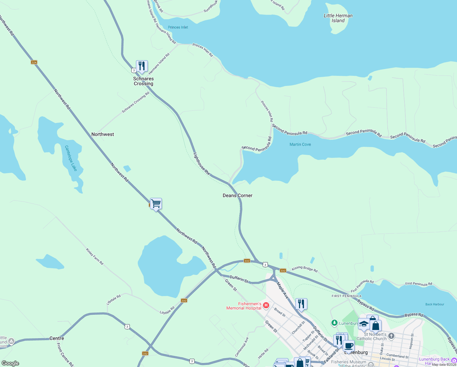 map of restaurants, bars, coffee shops, grocery stores, and more near 1 Second Peninsula Road in Lunenburg