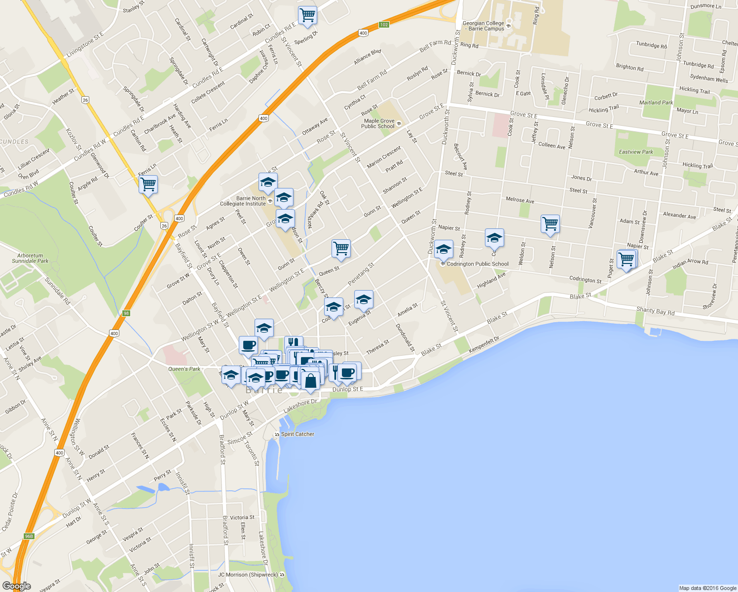 map of restaurants, bars, coffee shops, grocery stores, and more near 109 Codrington Street in Barrie