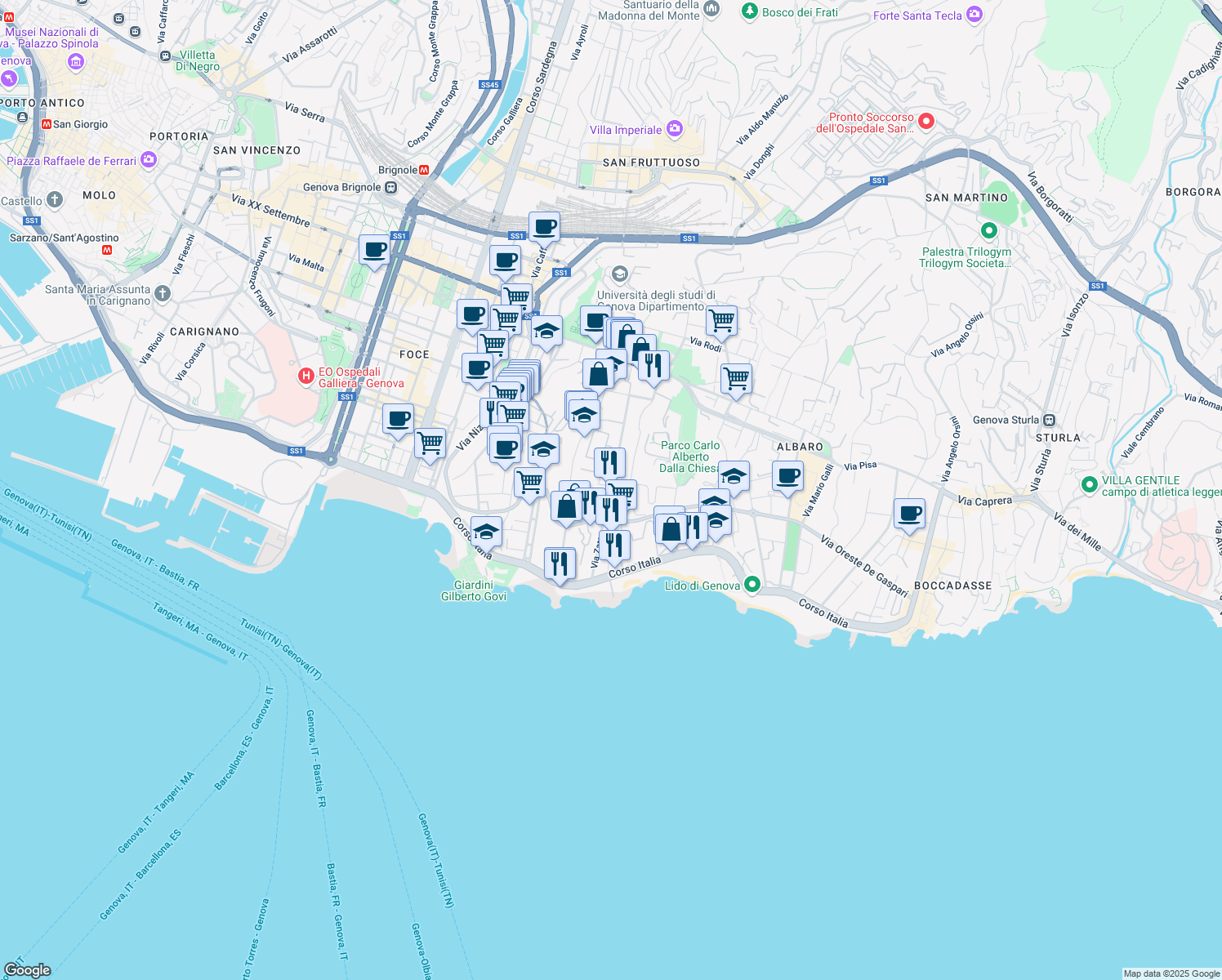 map of restaurants, bars, coffee shops, grocery stores, and more near 23 C Via Zara in Genova