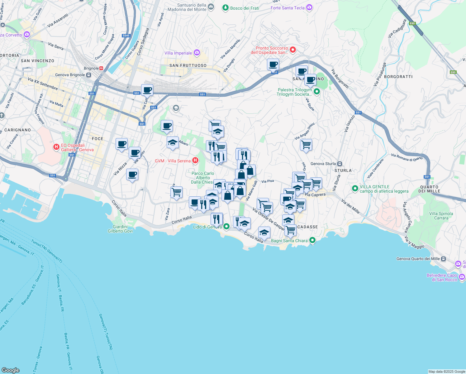 map of restaurants, bars, coffee shops, grocery stores, and more near 4 Via Emanuele Strasserra in Genova