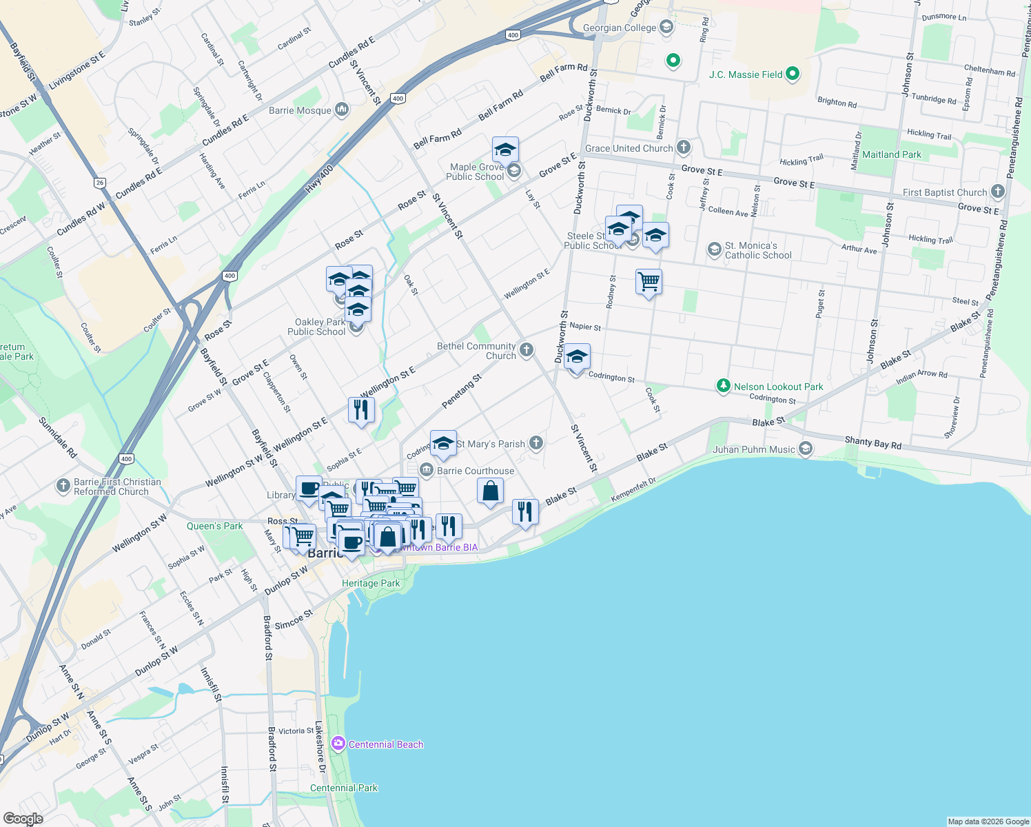 map of restaurants, bars, coffee shops, grocery stores, and more near 74 Eugenia Street in Barrie