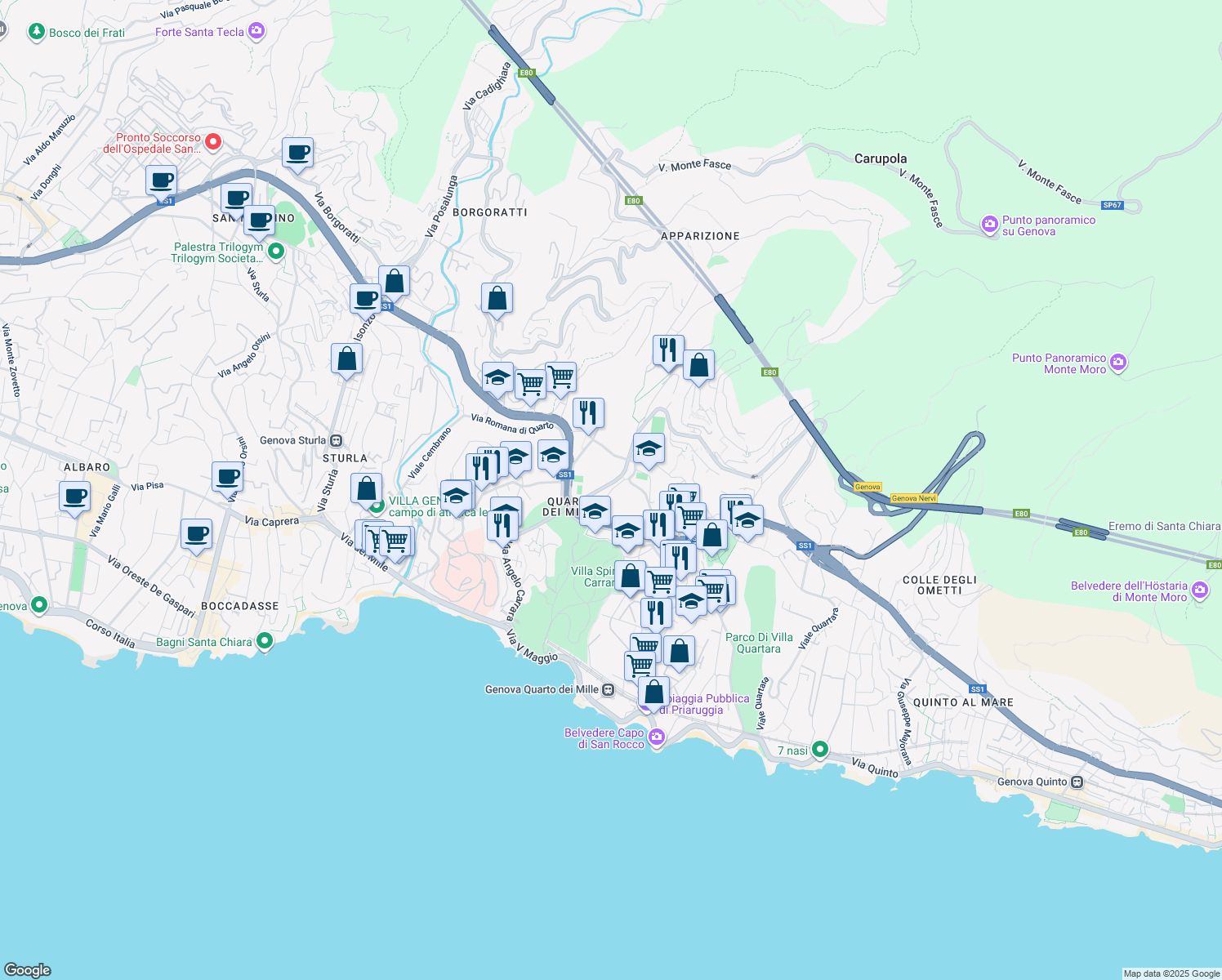 map of restaurants, bars, coffee shops, grocery stores, and more near Via Luigi Sartorio in Genoa