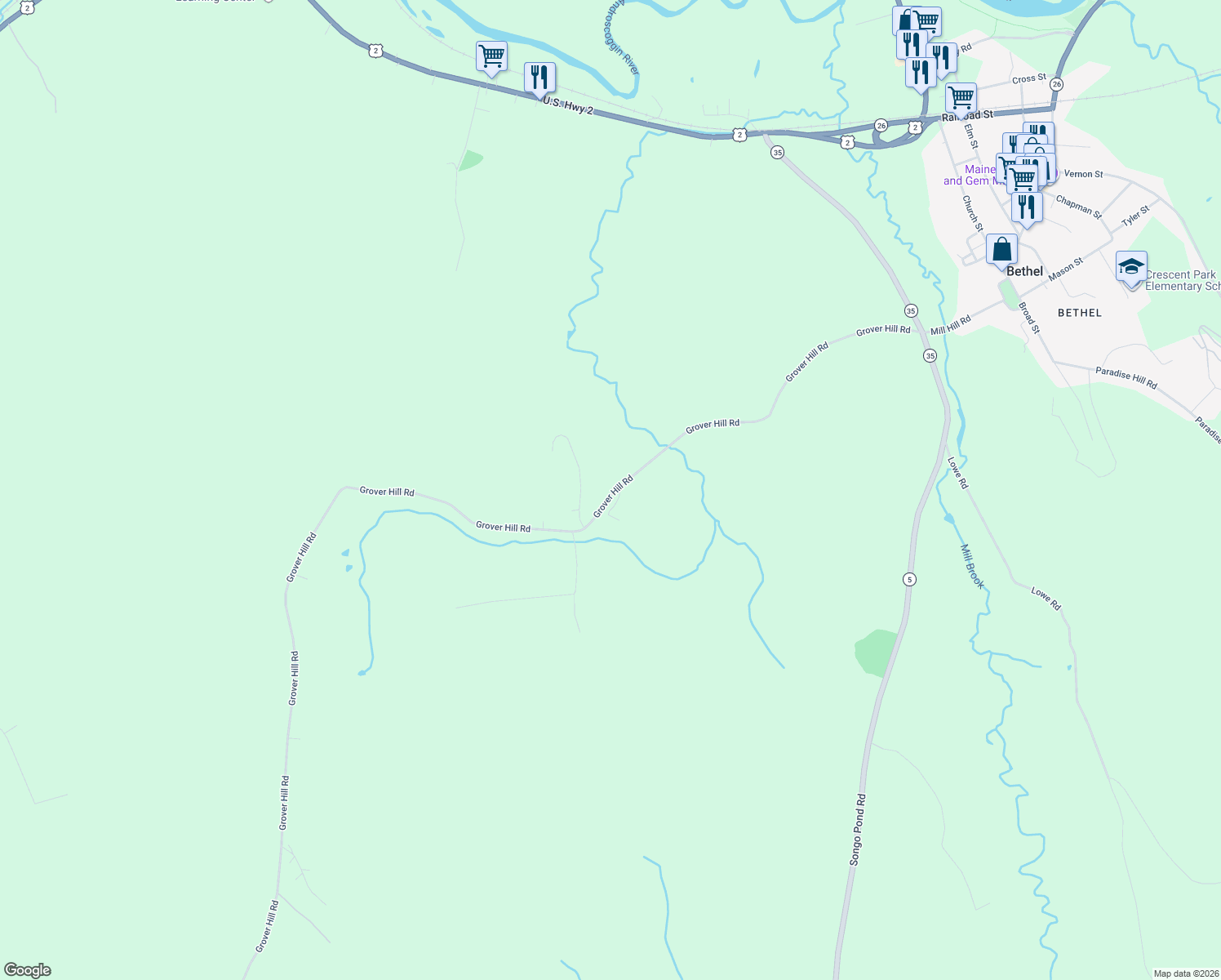 map of restaurants, bars, coffee shops, grocery stores, and more near 575 Grover Hill Road in Bethel