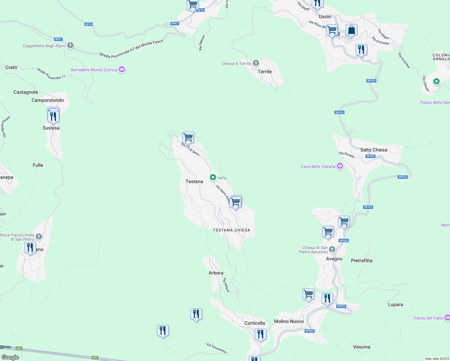 map of restaurants, bars, coffee shops, grocery stores, and more near 39 Via Cappelletta in Testana