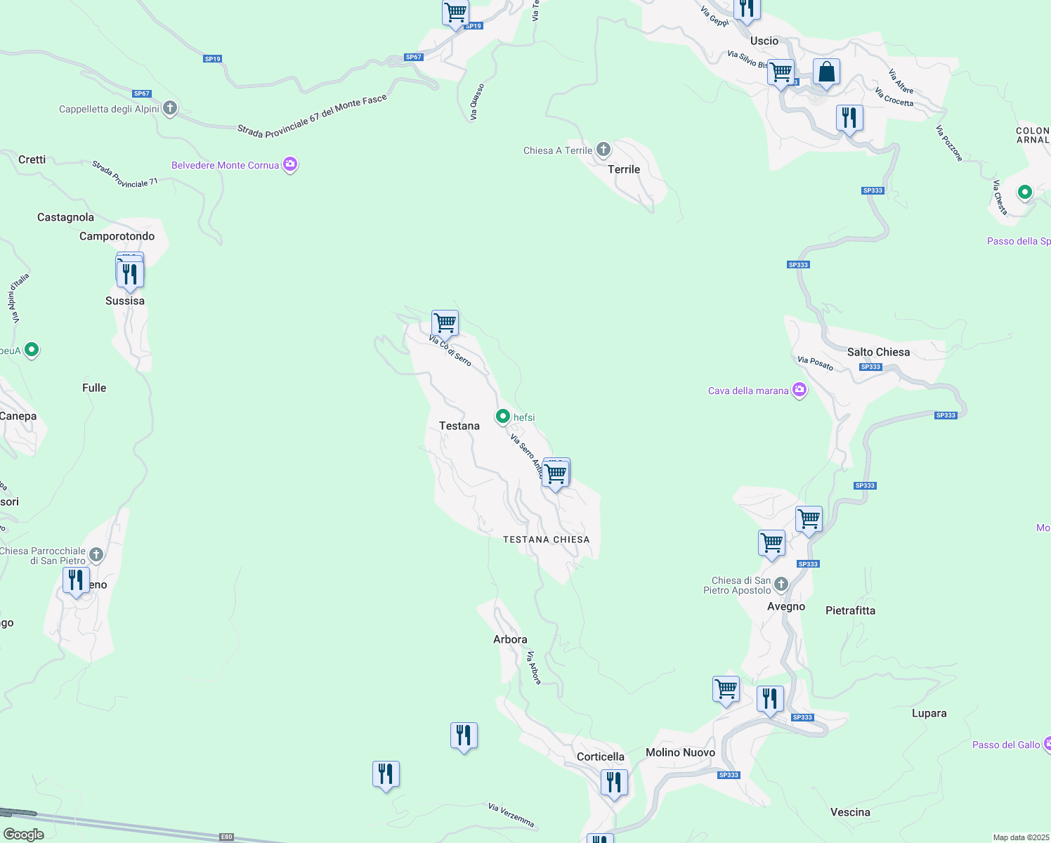 map of restaurants, bars, coffee shops, grocery stores, and more near 39 Via Cappelletta in Testana