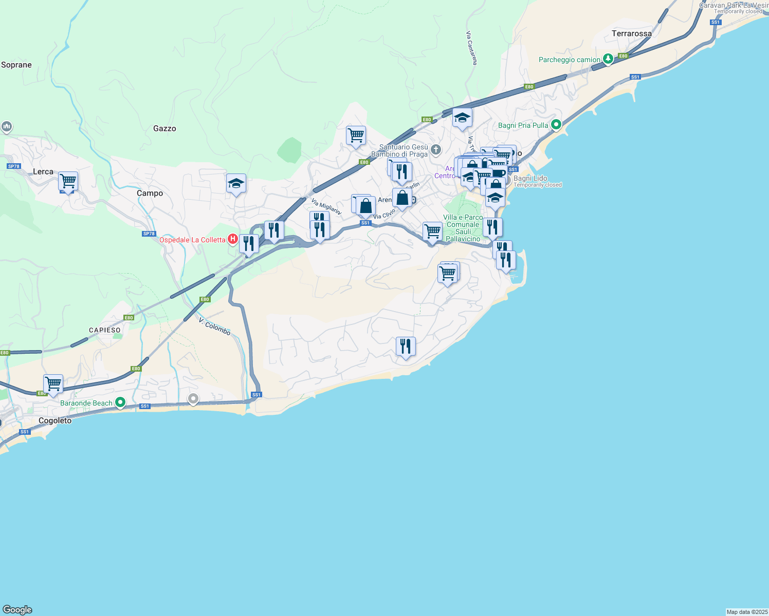 map of restaurants, bars, coffee shops, grocery stores, and more near 47 Via della Pineta in Arenzano