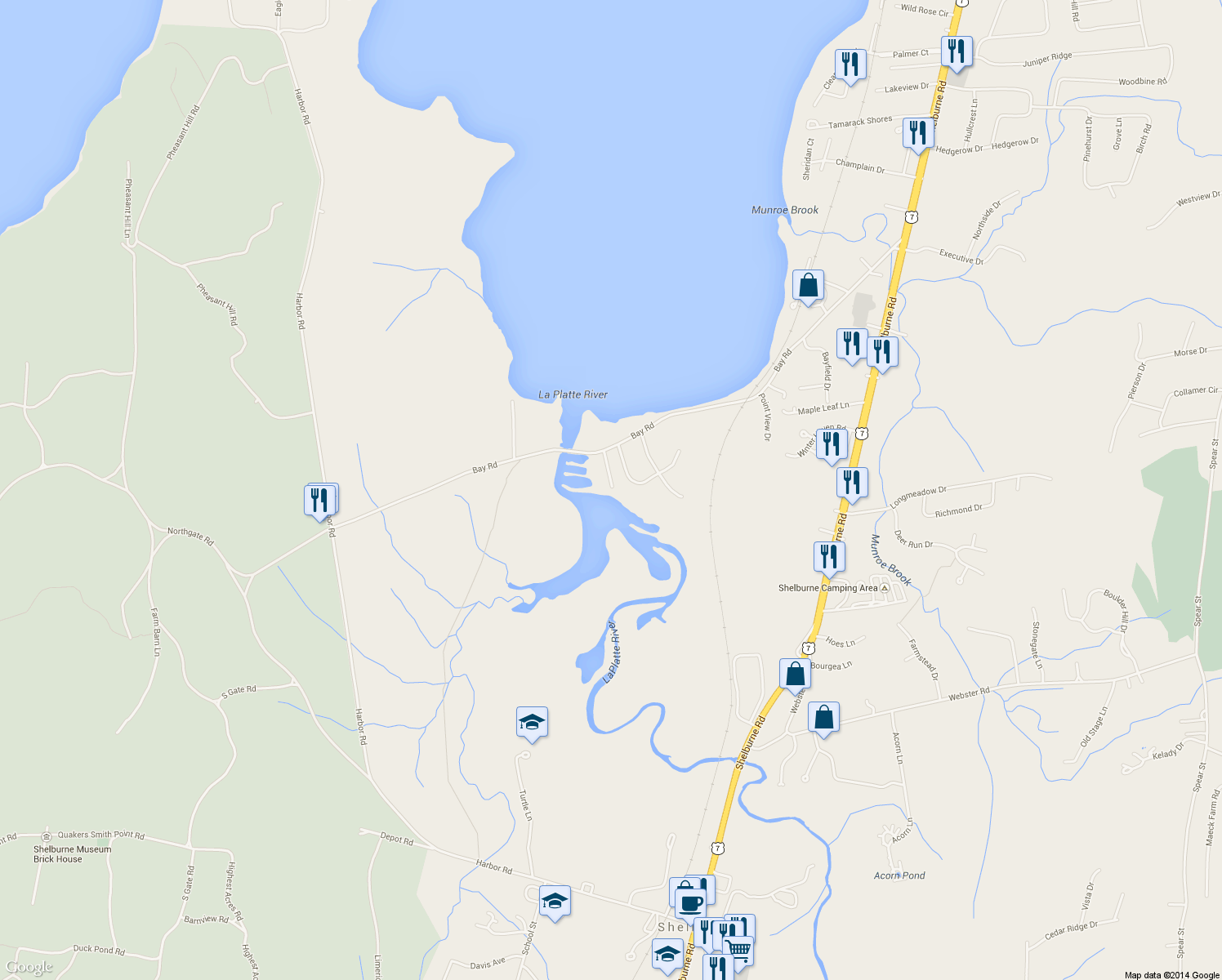map of restaurants, bars, coffee shops, grocery stores, and more near 987 Bay Road in Shelburne