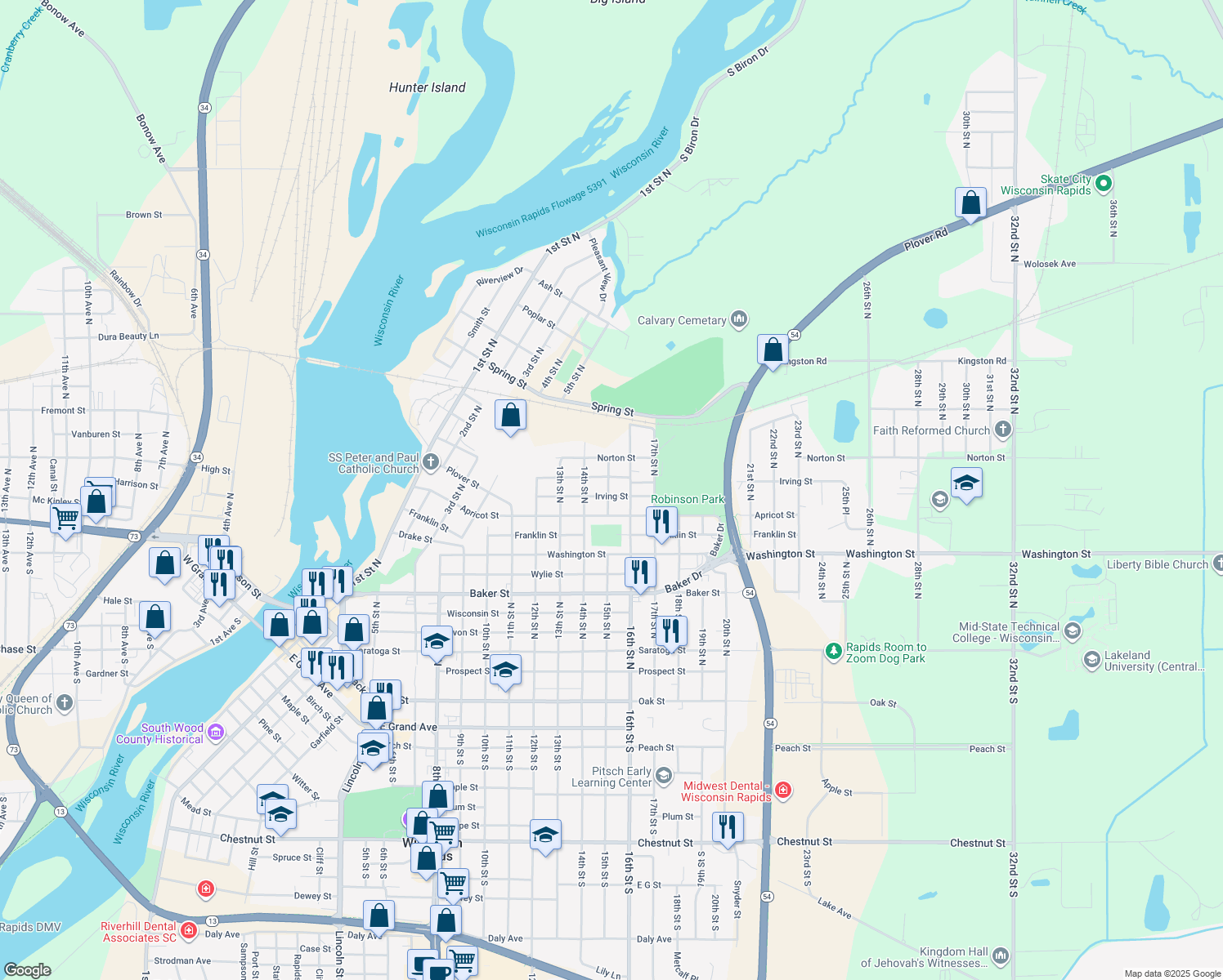 map of restaurants, bars, coffee shops, grocery stores, and more near 1110 15th Street North in Wisconsin Rapids