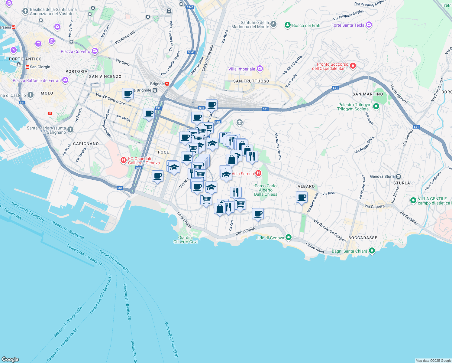 map of restaurants, bars, coffee shops, grocery stores, and more near Via San Nazaro in Genoa