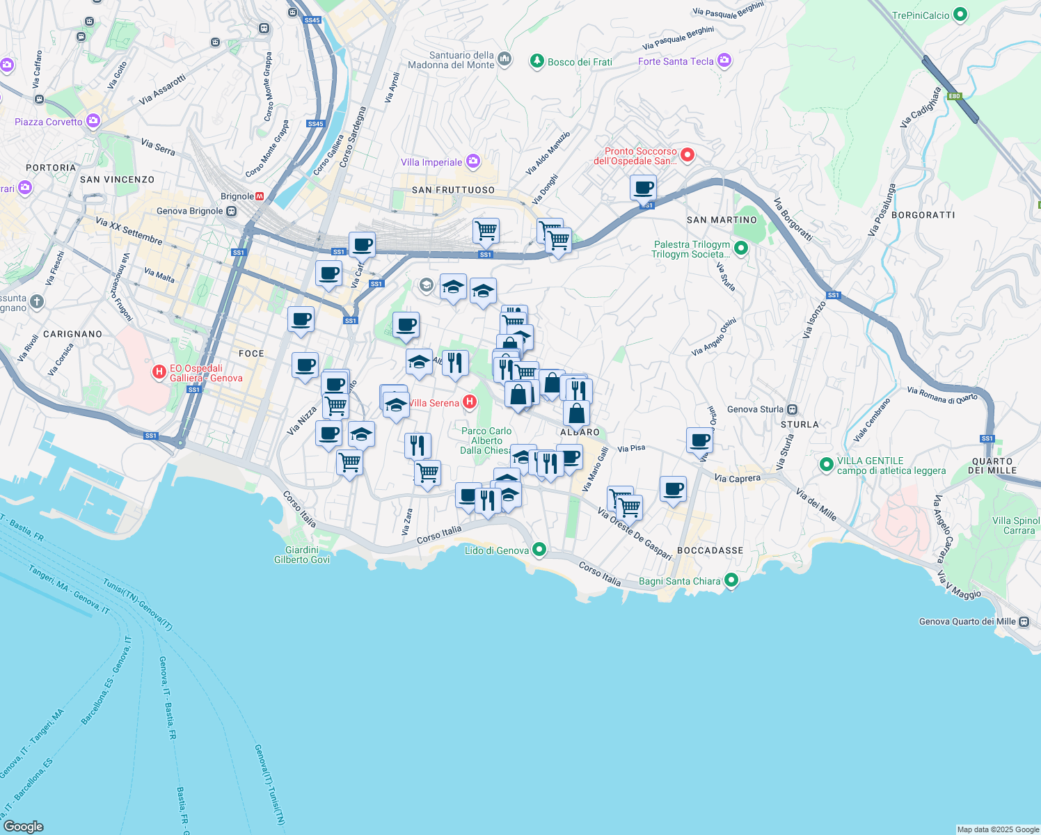 map of restaurants, bars, coffee shops, grocery stores, and more near 9 Via San Giuliano in Genova