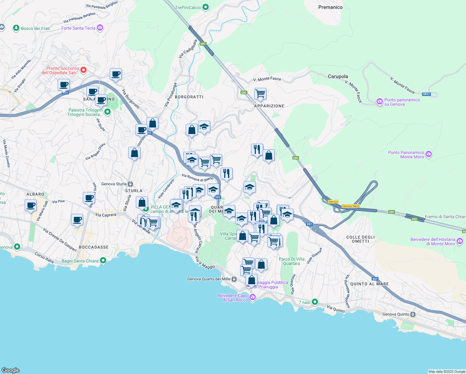 map of restaurants, bars, coffee shops, grocery stores, and more near 264 Via Angelo Carrara in Genova
