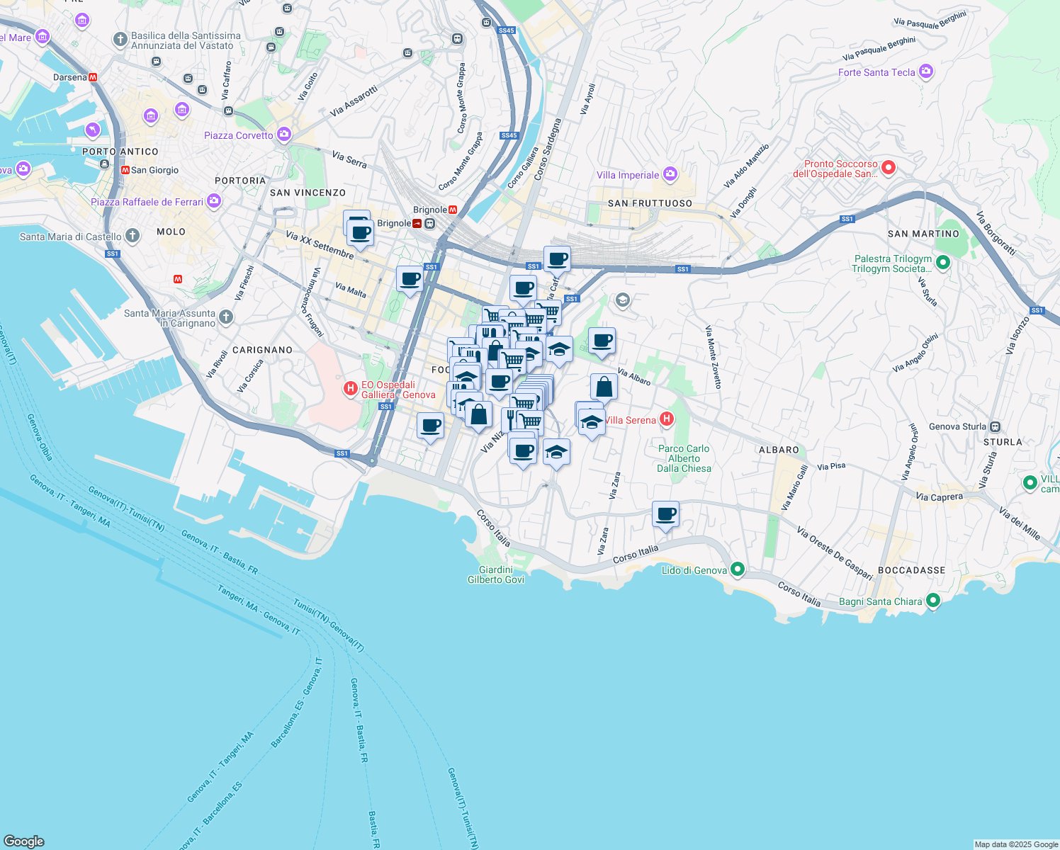 map of restaurants, bars, coffee shops, grocery stores, and more near 80 Via Trento in Genova