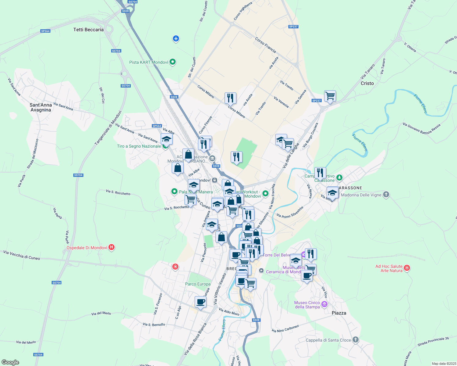map of restaurants, bars, coffee shops, grocery stores, and more near 9a Via Torino in Mondovì