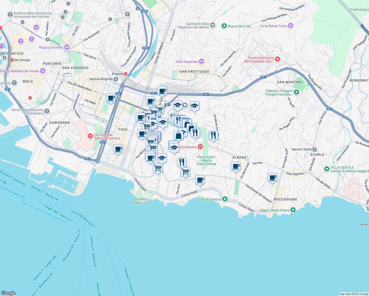 map of restaurants, bars, coffee shops, grocery stores, and more near Via San Nazaro in Genoa