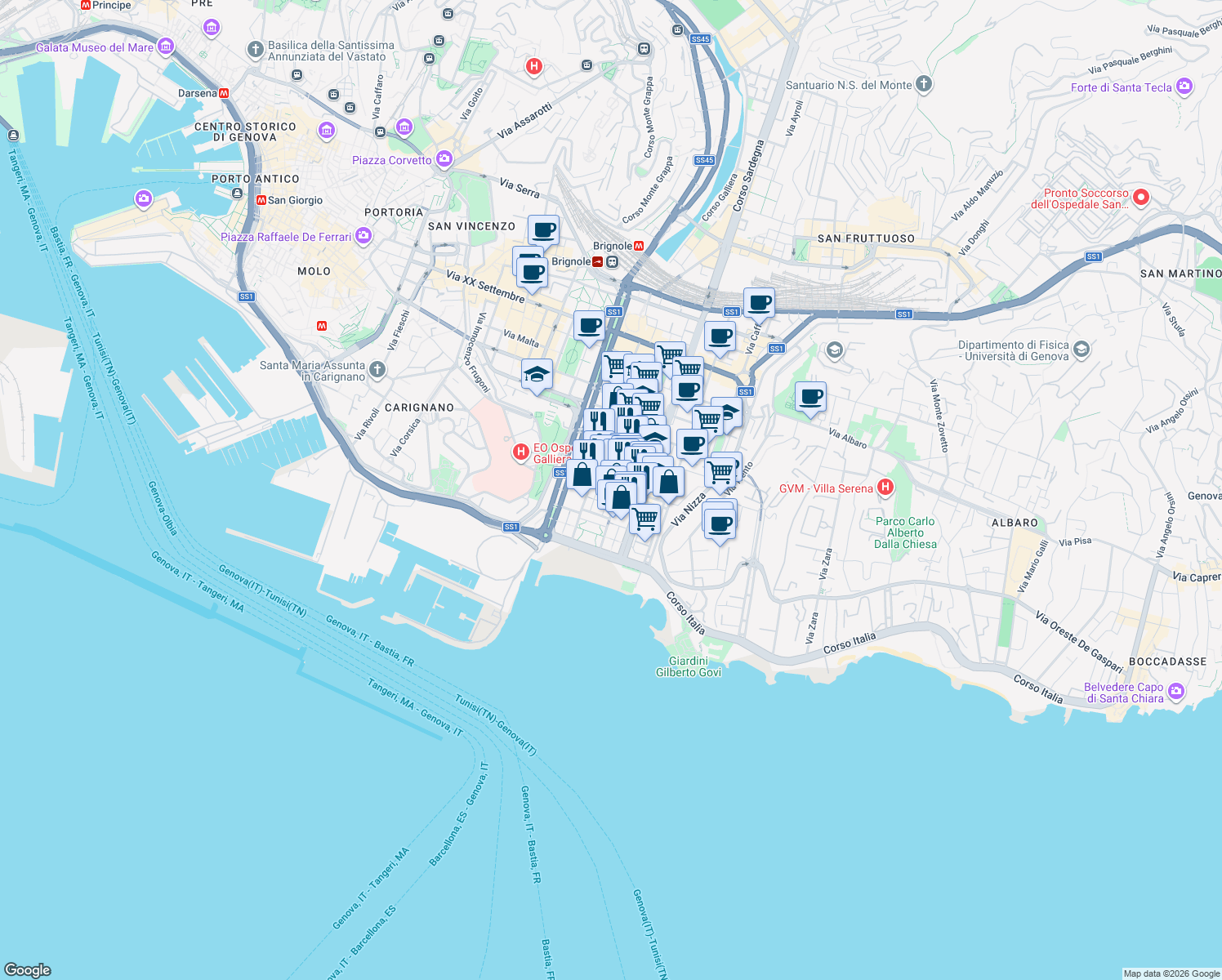 map of restaurants, bars, coffee shops, grocery stores, and more near 65 Via Antonio Cecchi in Genova