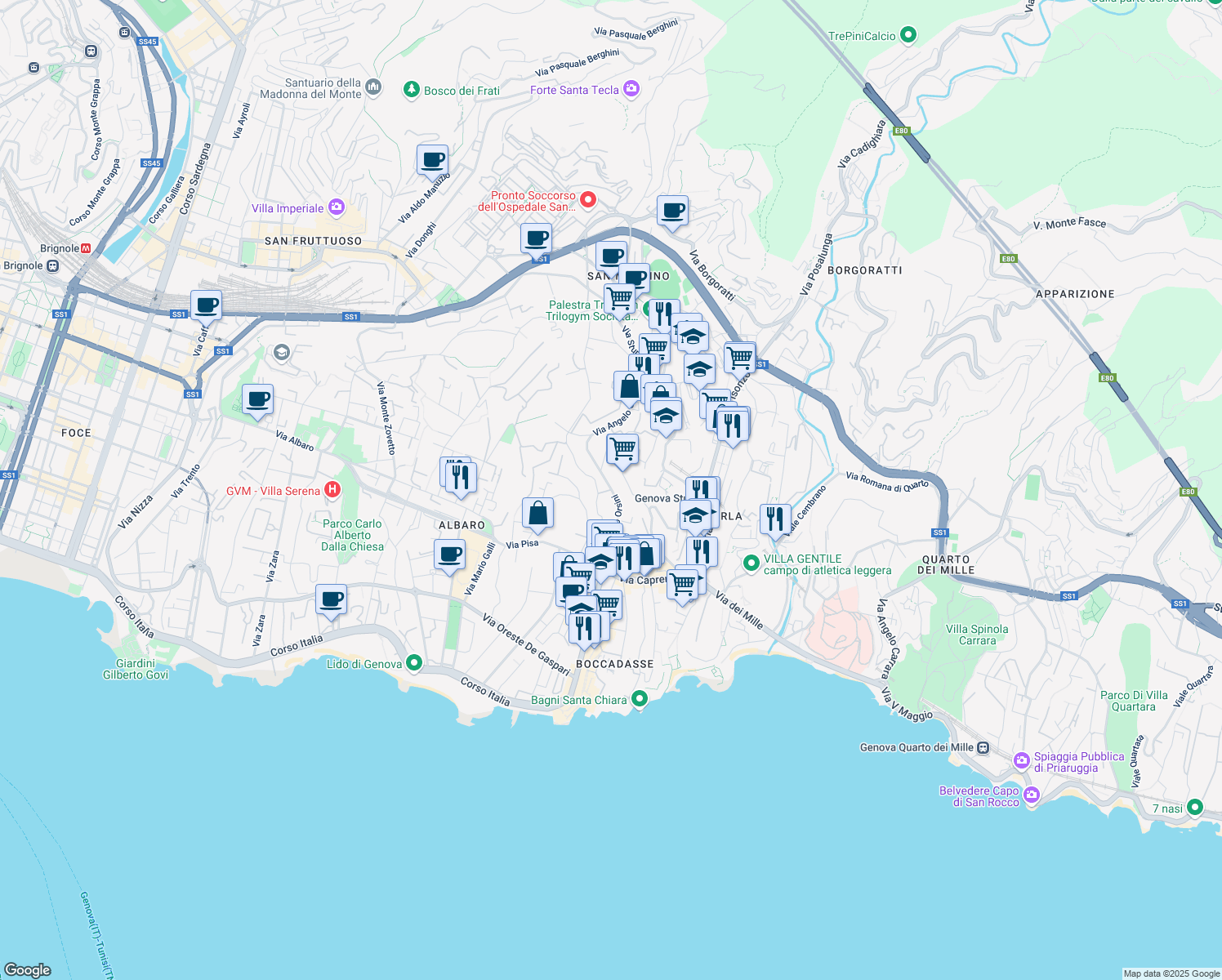 map of restaurants, bars, coffee shops, grocery stores, and more near 75 Via San Pio X in Genova