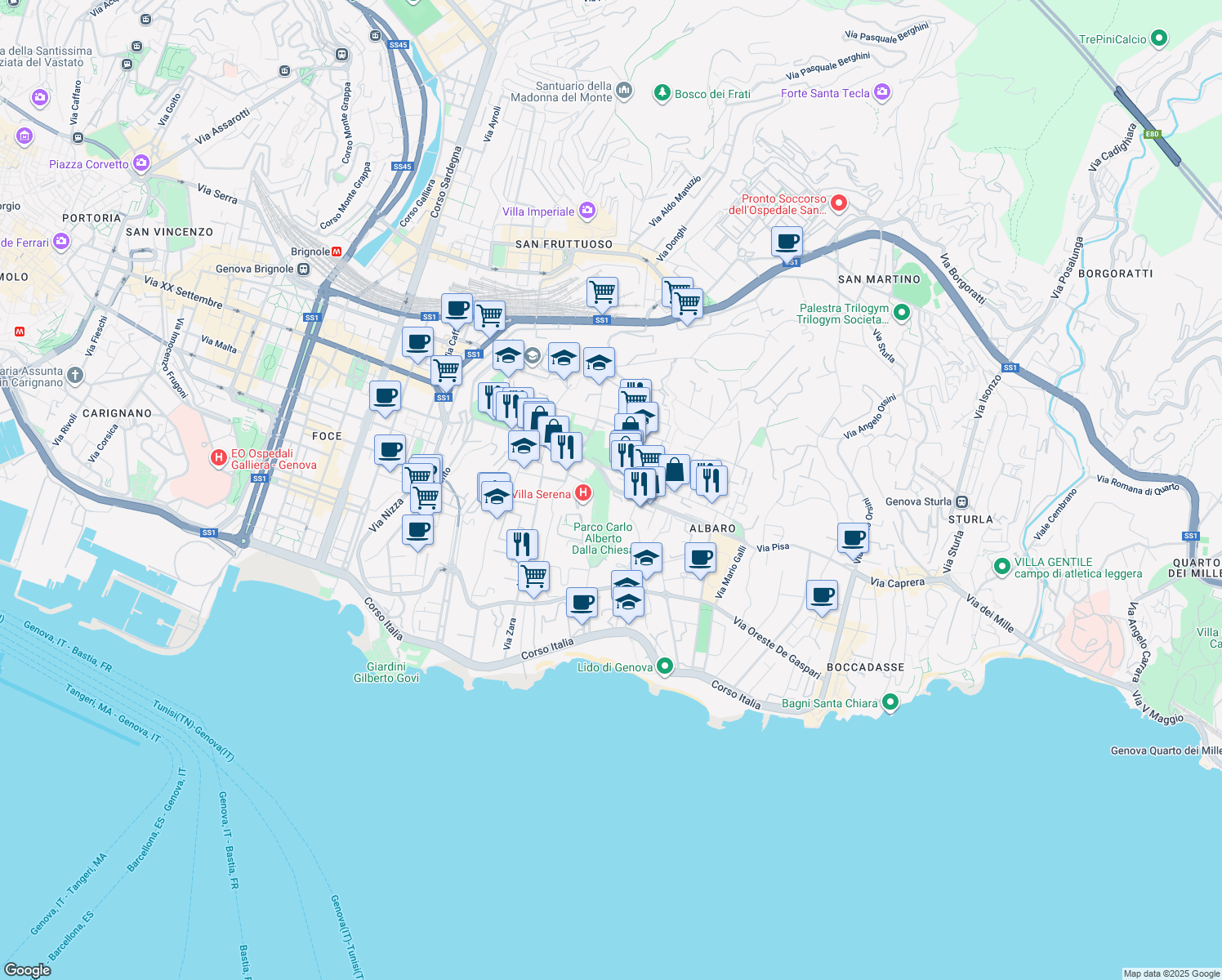 map of restaurants, bars, coffee shops, grocery stores, and more near 3 Via Federico Ricci in Genova