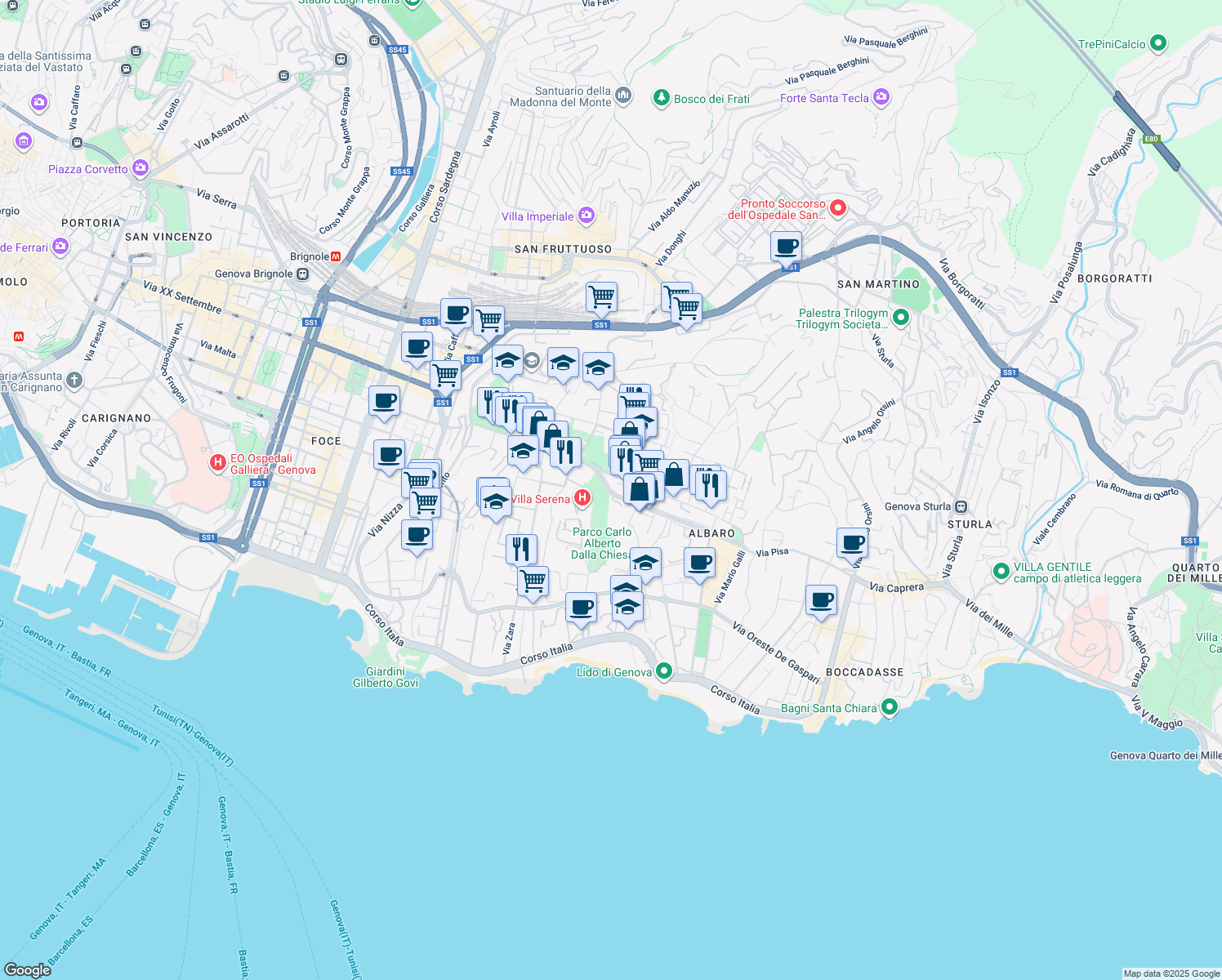 map of restaurants, bars, coffee shops, grocery stores, and more near 3 Via Federico Ricci in Genova