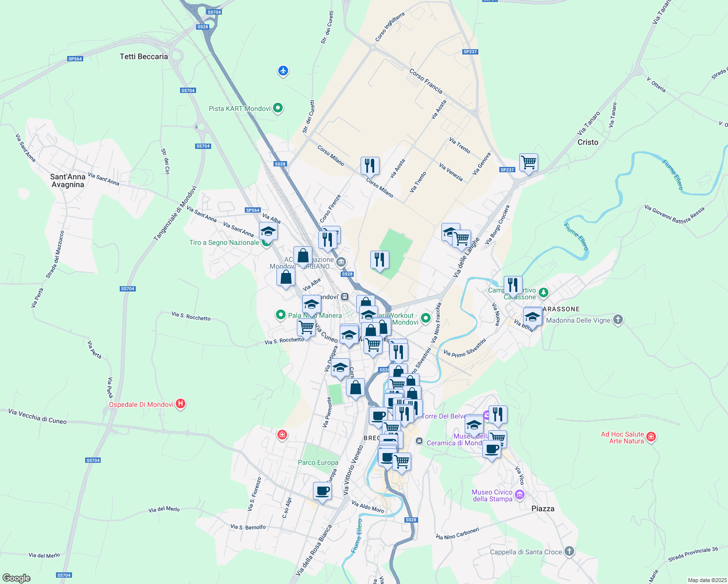 map of restaurants, bars, coffee shops, grocery stores, and more near 9a Via Torino in Mondovì