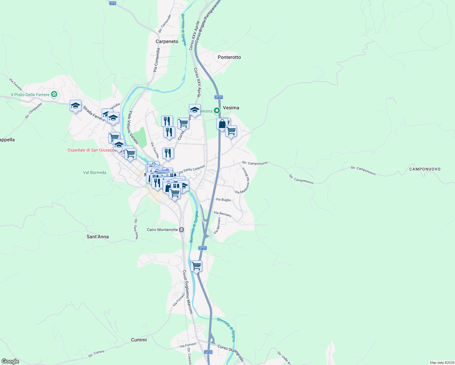 map of restaurants, bars, coffee shops, grocery stores, and more near 3 Via Madonna del Bosco in Cairo Montenotte