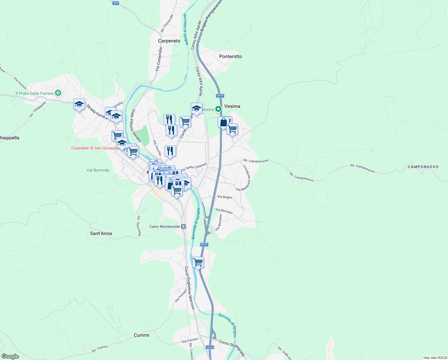 map of restaurants, bars, coffee shops, grocery stores, and more near 3 Via Madonna del Bosco in Cairo Montenotte