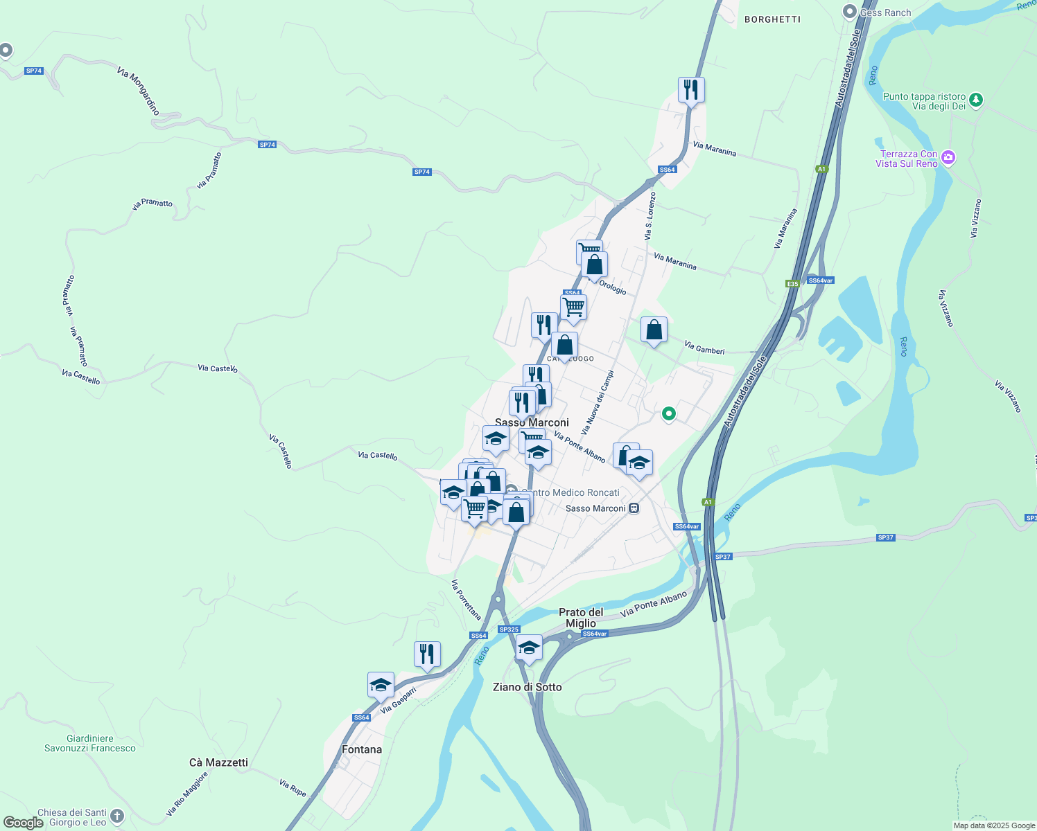 map of restaurants, bars, coffee shops, grocery stores, and more near 250 Via Porrettana in Sasso Marconi